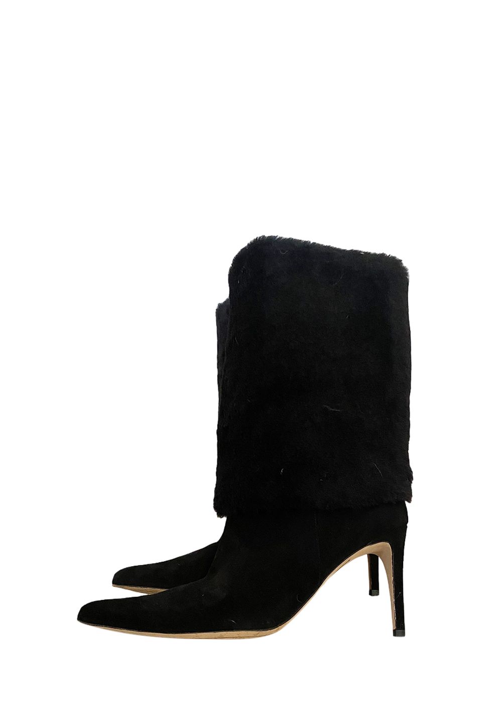 Preowned Alexandre Birman Black Shearling Cuff Heeled Long Boots Size 38 leather