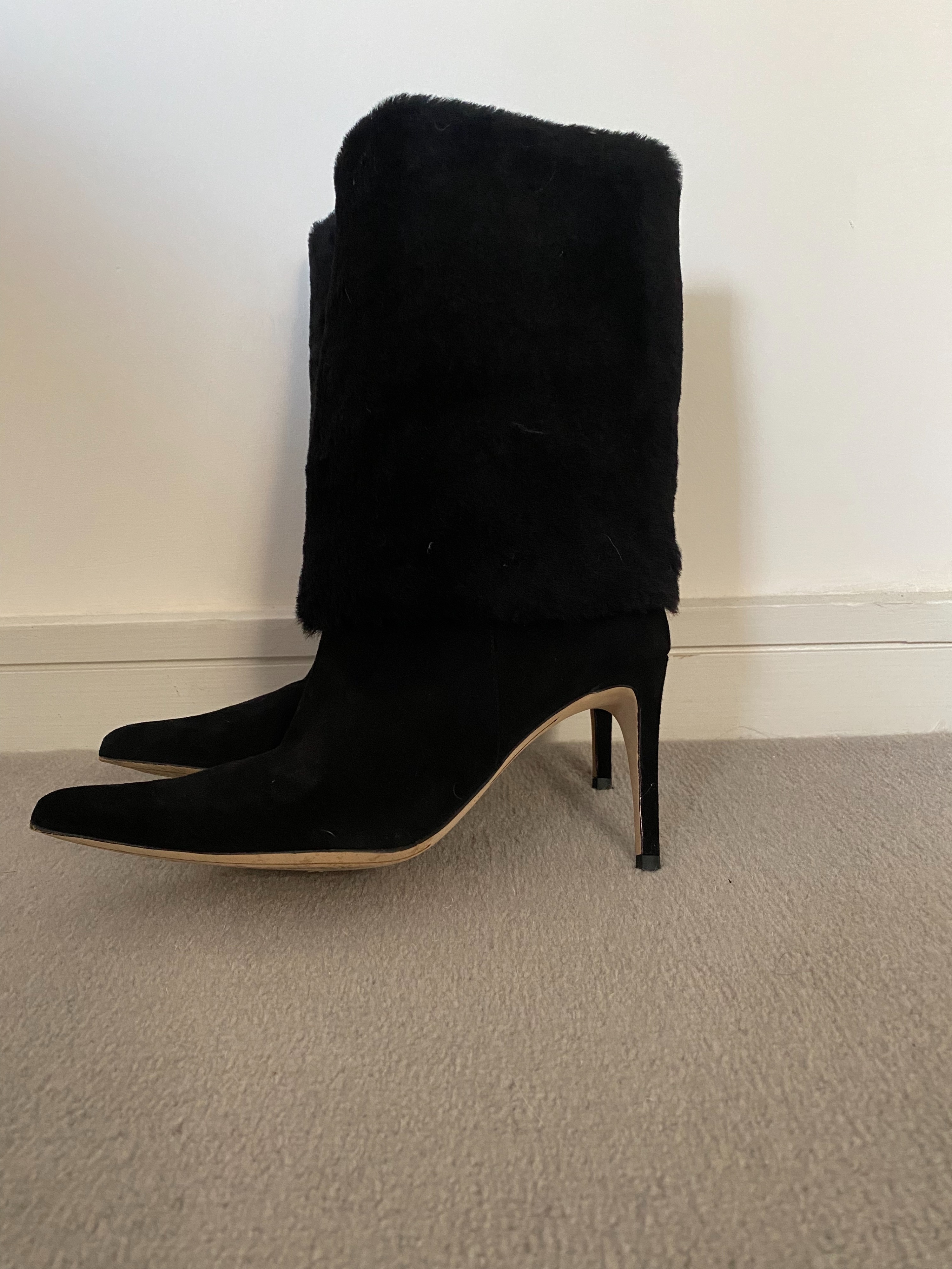 Preowned Alexandre Birman Black Shearling Cuff Heeled Long Boots Size 38 leather