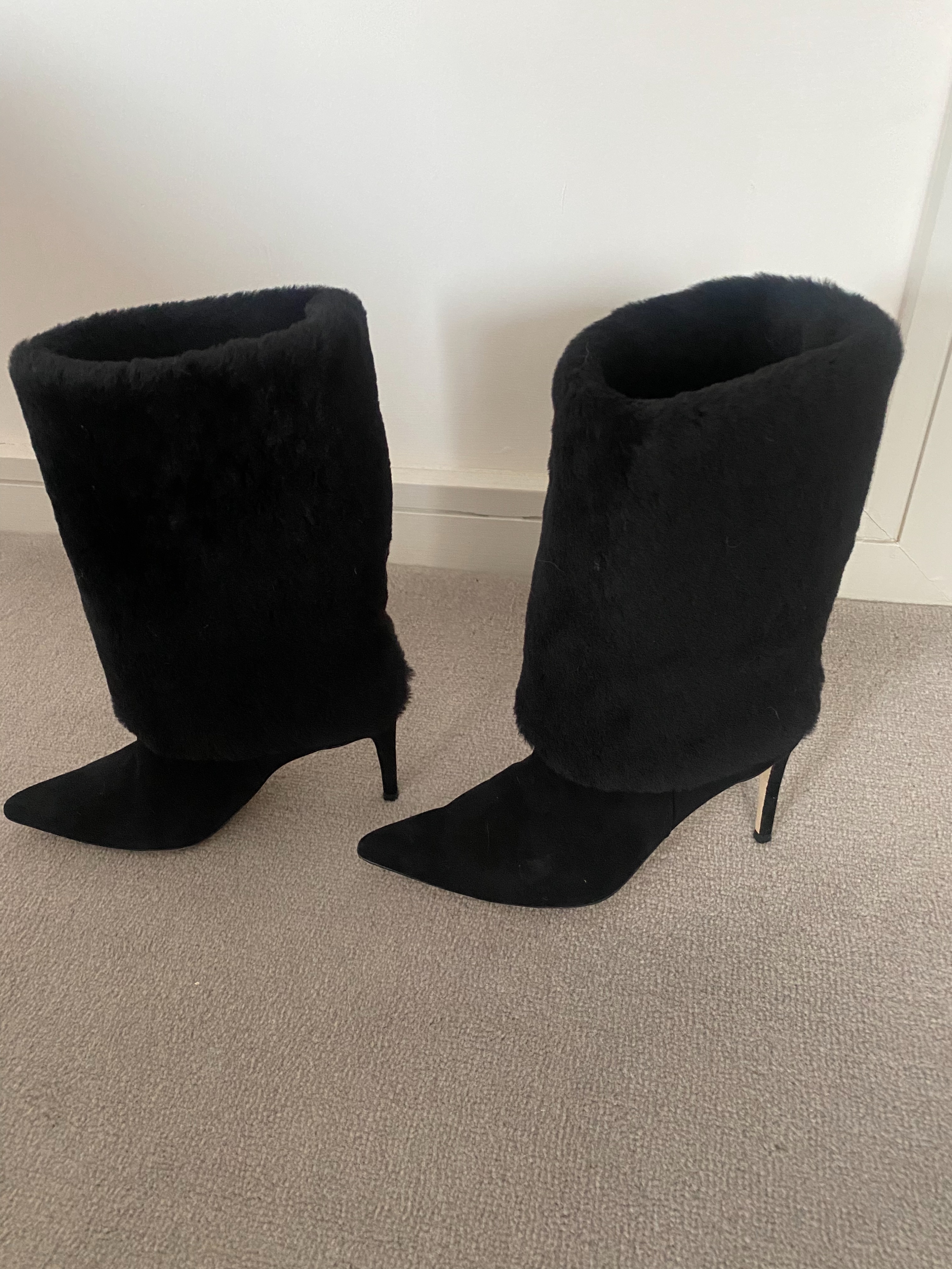 Preowned Alexandre Birman Black Shearling Cuff Heeled Long Boots Size 38 leather