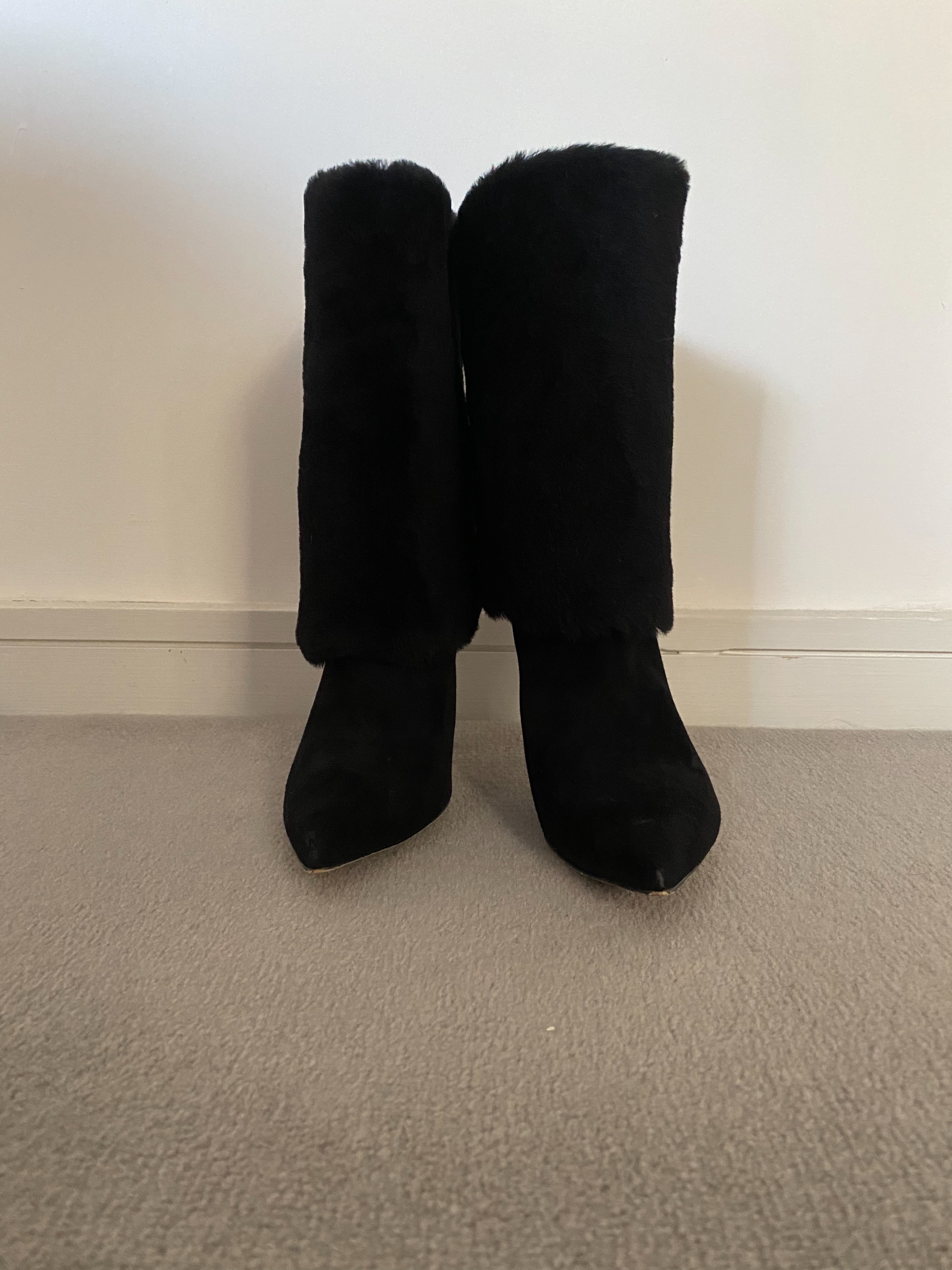 Preowned Alexandre Birman Black Shearling Cuff Heeled Long Boots Size 38 leather