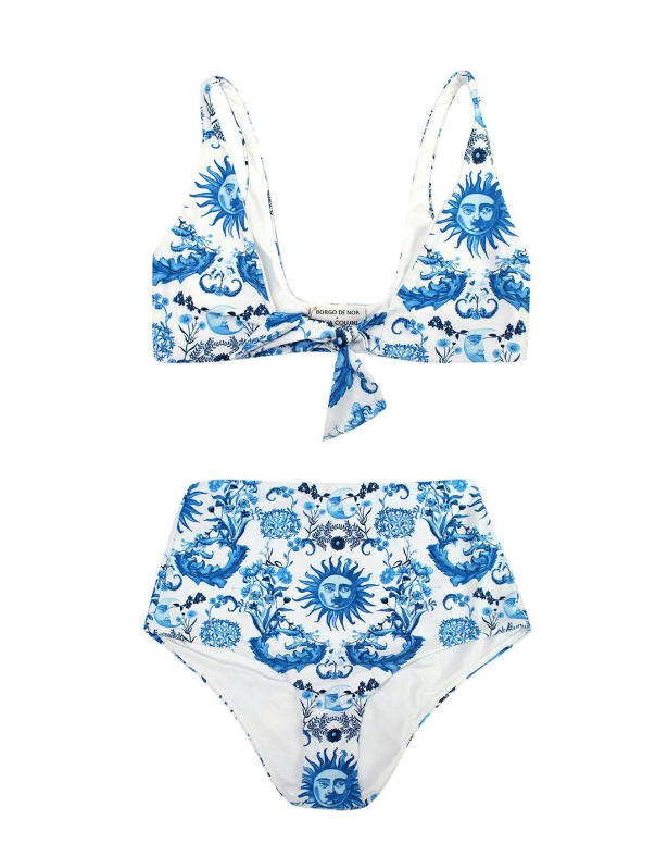 Borgo De Nor Blue Electra Bow Tie High Waisted Bikini Size M blue white recyled polyamide/elastane