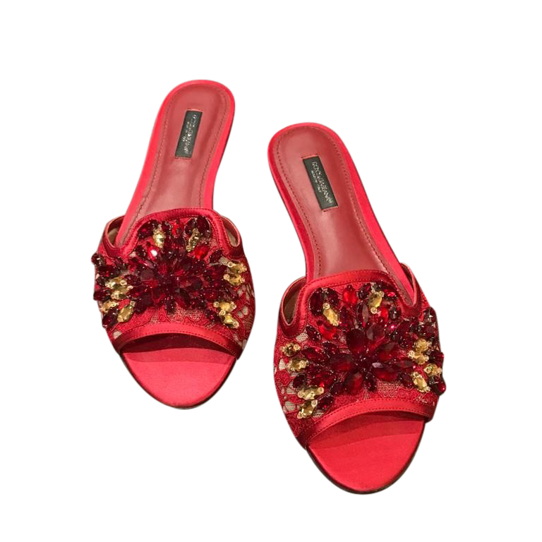 Preowned DOLCE  GABBANA Taormina Lace Crystal Slides Size 375 Red cloth