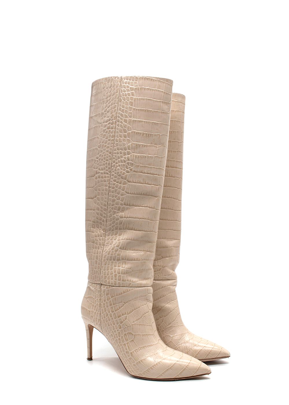 Preowned Paris Texas Cream Croc-Embossed Knee High Boots Size 39 croc-embossed leather