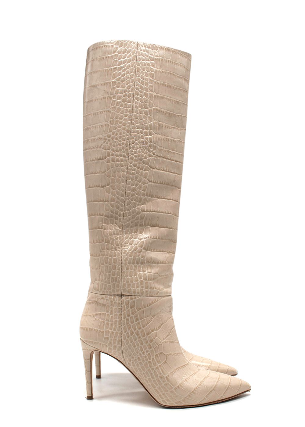 Preowned Paris Texas Cream Croc-Embossed Knee High Boots Size 39 croc-embossed leather