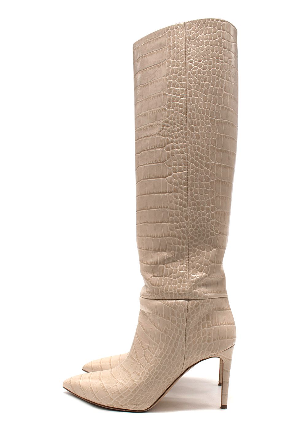 Preowned Paris Texas Cream Croc-Embossed Knee High Boots Size 39 croc-embossed leather