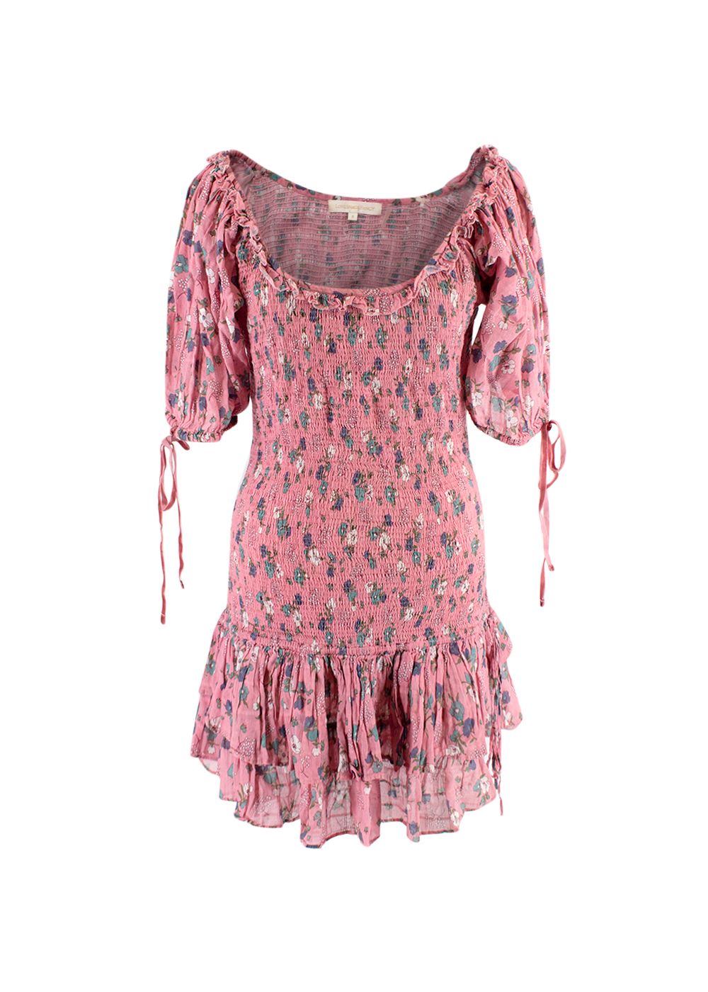 Love Shack Fancy Violet Floral Printed Cotton Ruffled Mini Dress Size S Pink