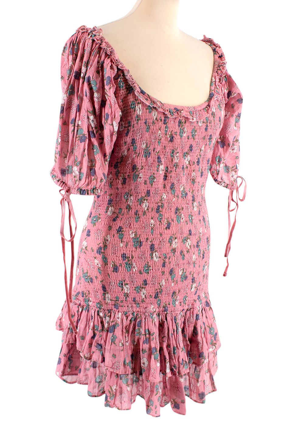 Love Shack Fancy Violet Floral Printed Cotton Ruffled Mini Dress Size S Pink