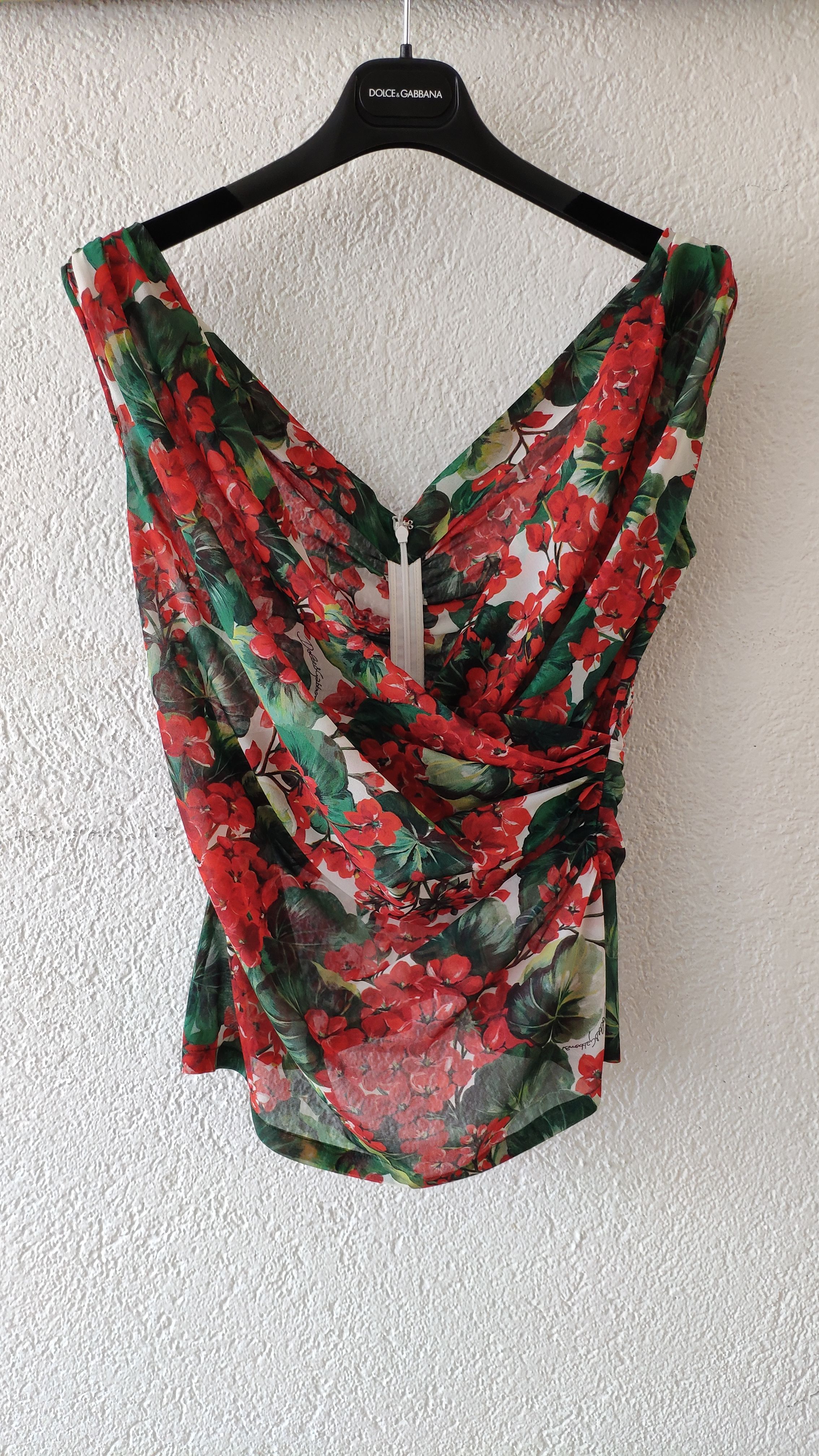 Red Geranium Printed Draped Chiffon Top Size L Floral/Patterned silk/elastan