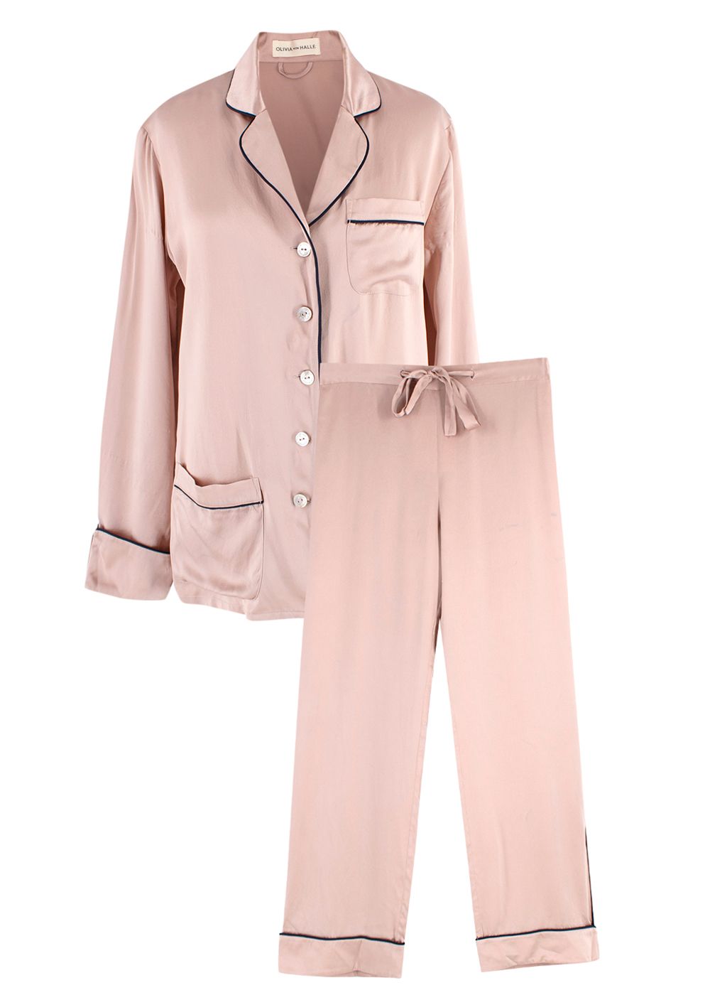 Olivia Von Halle Blush and Black Trim Coco Silk Pyjama Set Size S