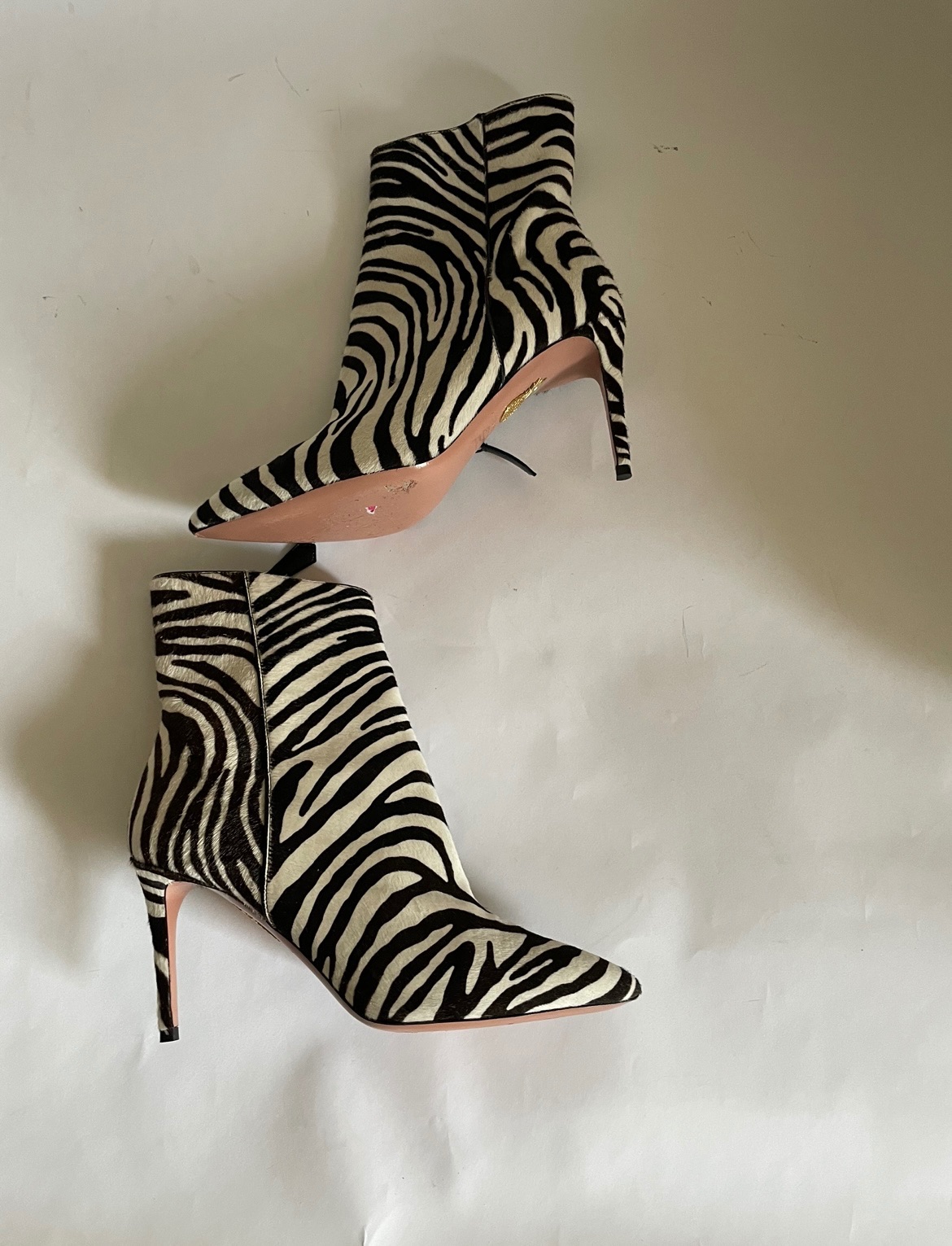 Preowned Aquazzura Aquazurra Zebra Print Pony Hair Alma 85 Boots Size 375 Black and white calf hair