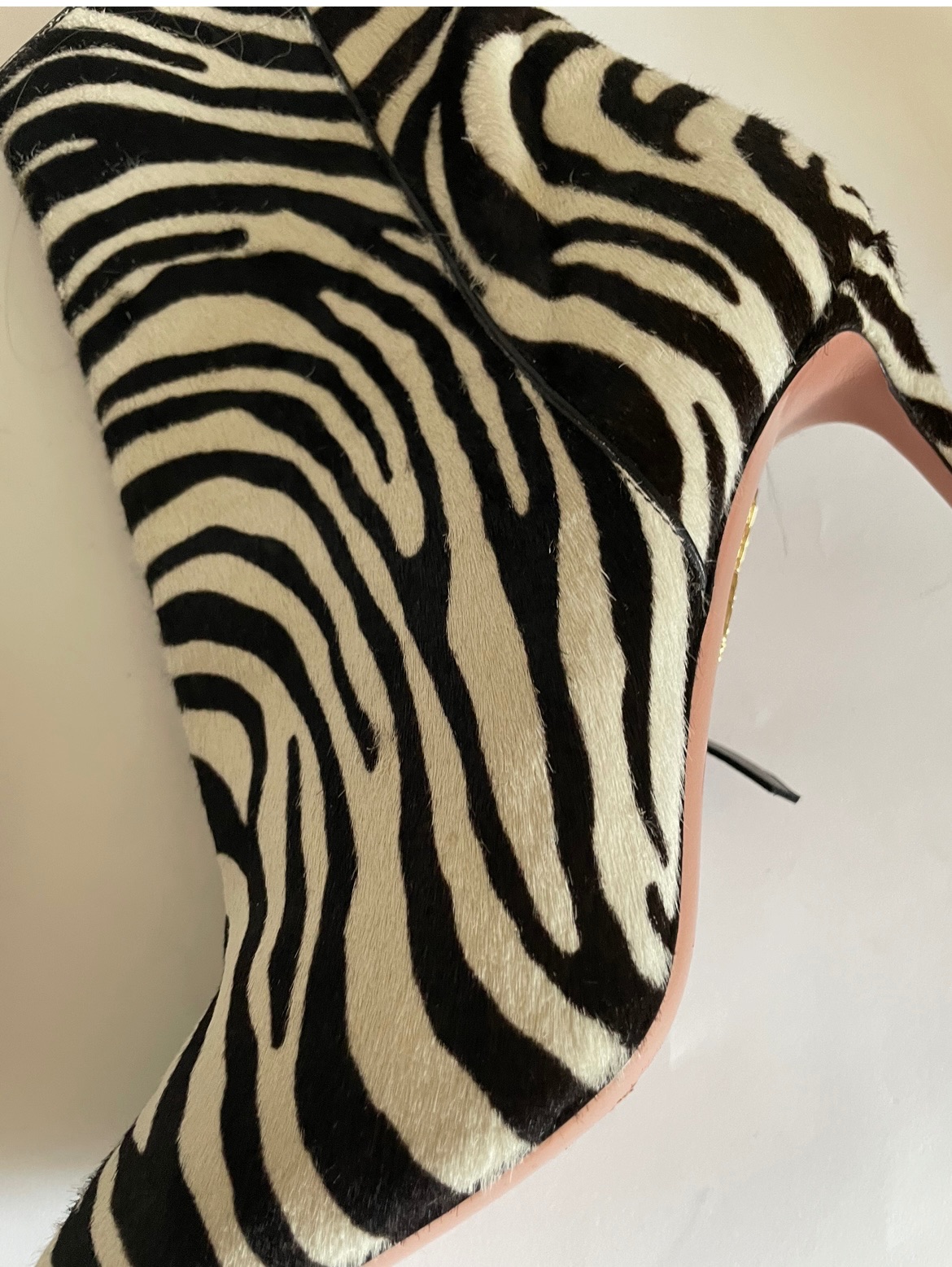 Preowned Aquazzura Aquazurra Zebra Print Pony Hair Alma 85 Boots Size 375 Black and white calf hair