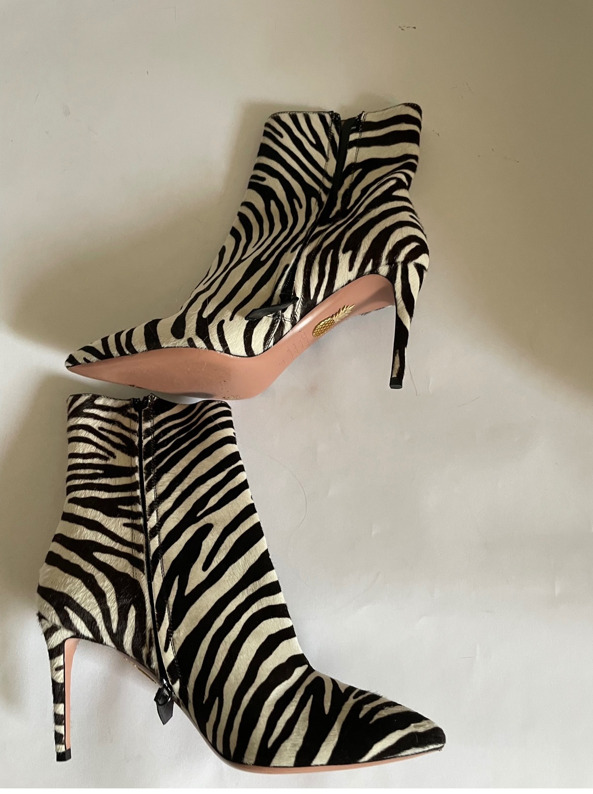 Preowned Aquazzura Aquazurra Zebra Print Pony Hair Alma 85 Boots Size 375 Black and white calf hair