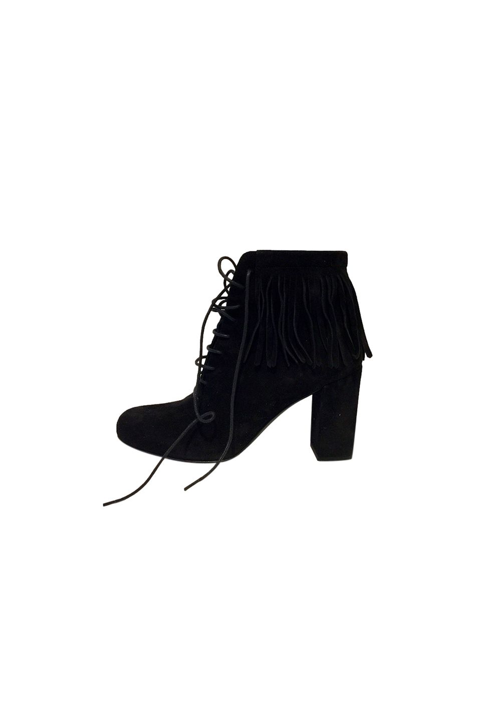 Preowned Saint Laurent Black suede fringed Babies 90 heeled booties Size 375