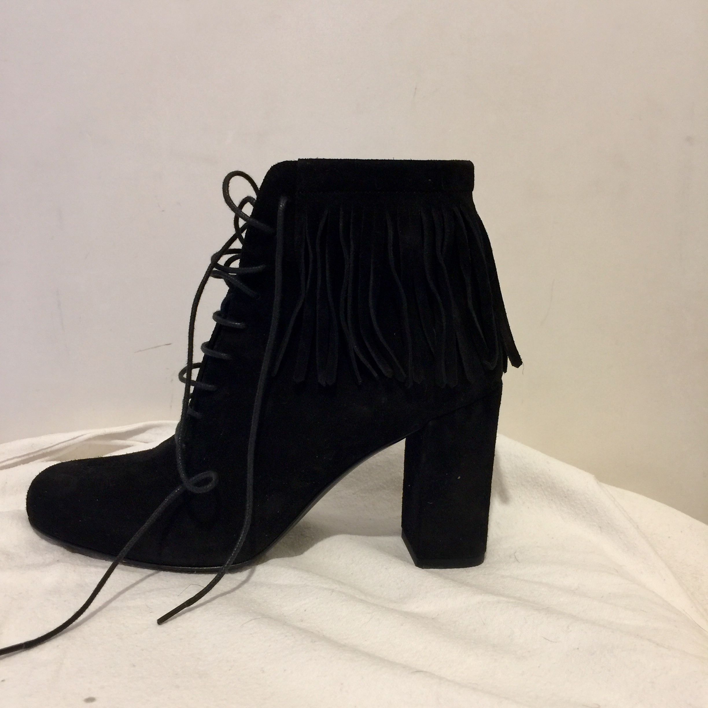 Preowned Saint Laurent Black suede fringed Babies 90 heeled booties Size 375