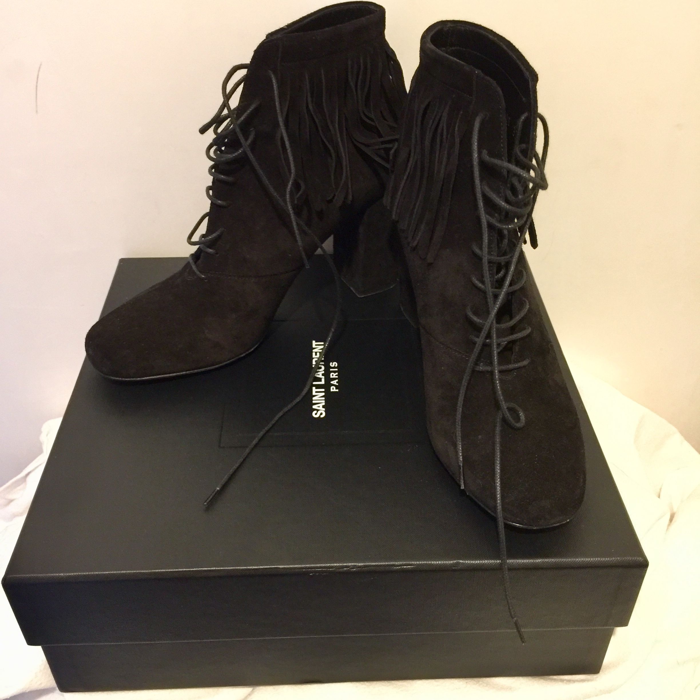 Preowned Saint Laurent Black suede fringed Babies 90 heeled booties Size 375