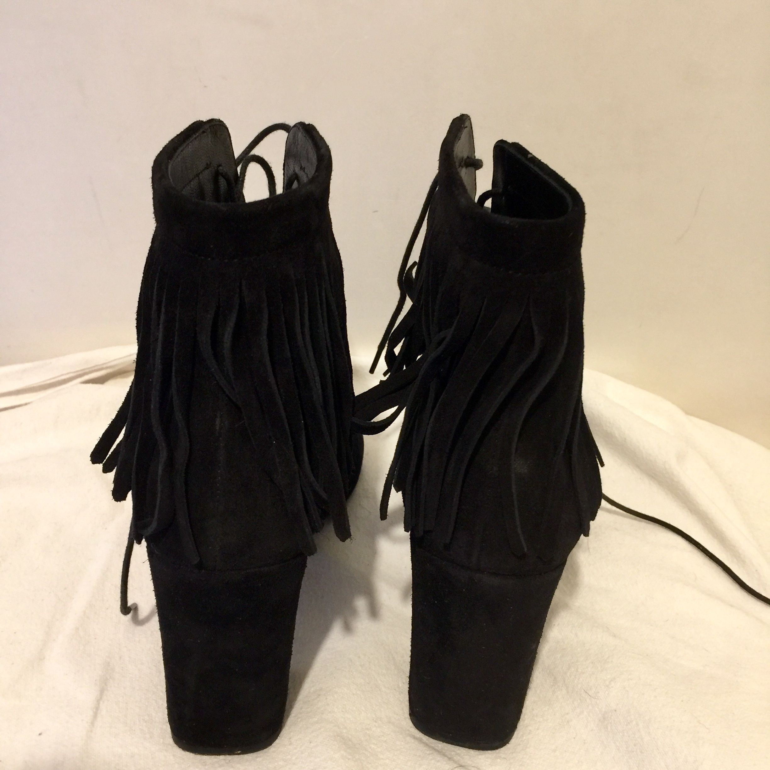 Preowned Saint Laurent Black suede fringed Babies 90 heeled booties Size 375