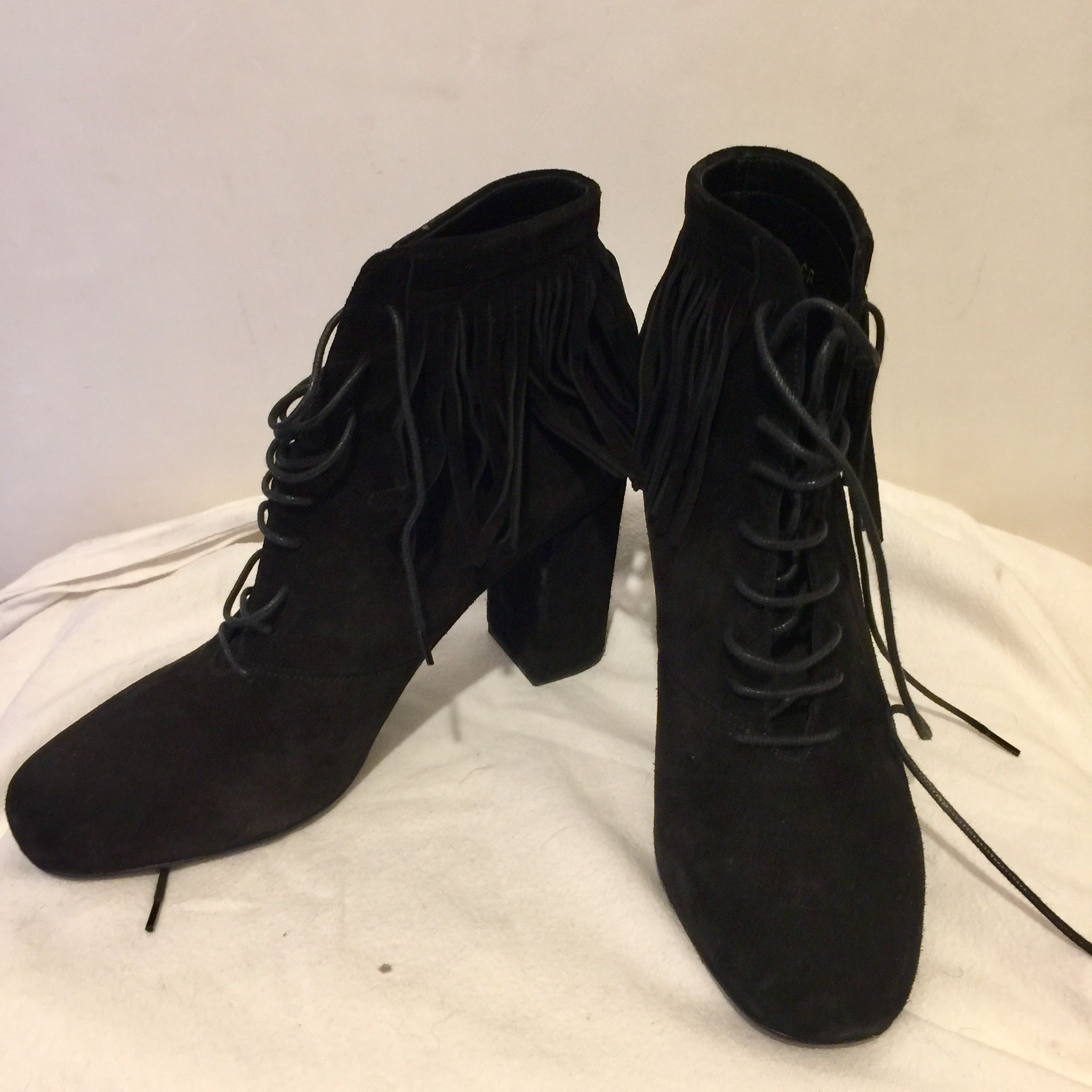 Preowned Saint Laurent Black suede fringed Babies 90 heeled booties Size 375