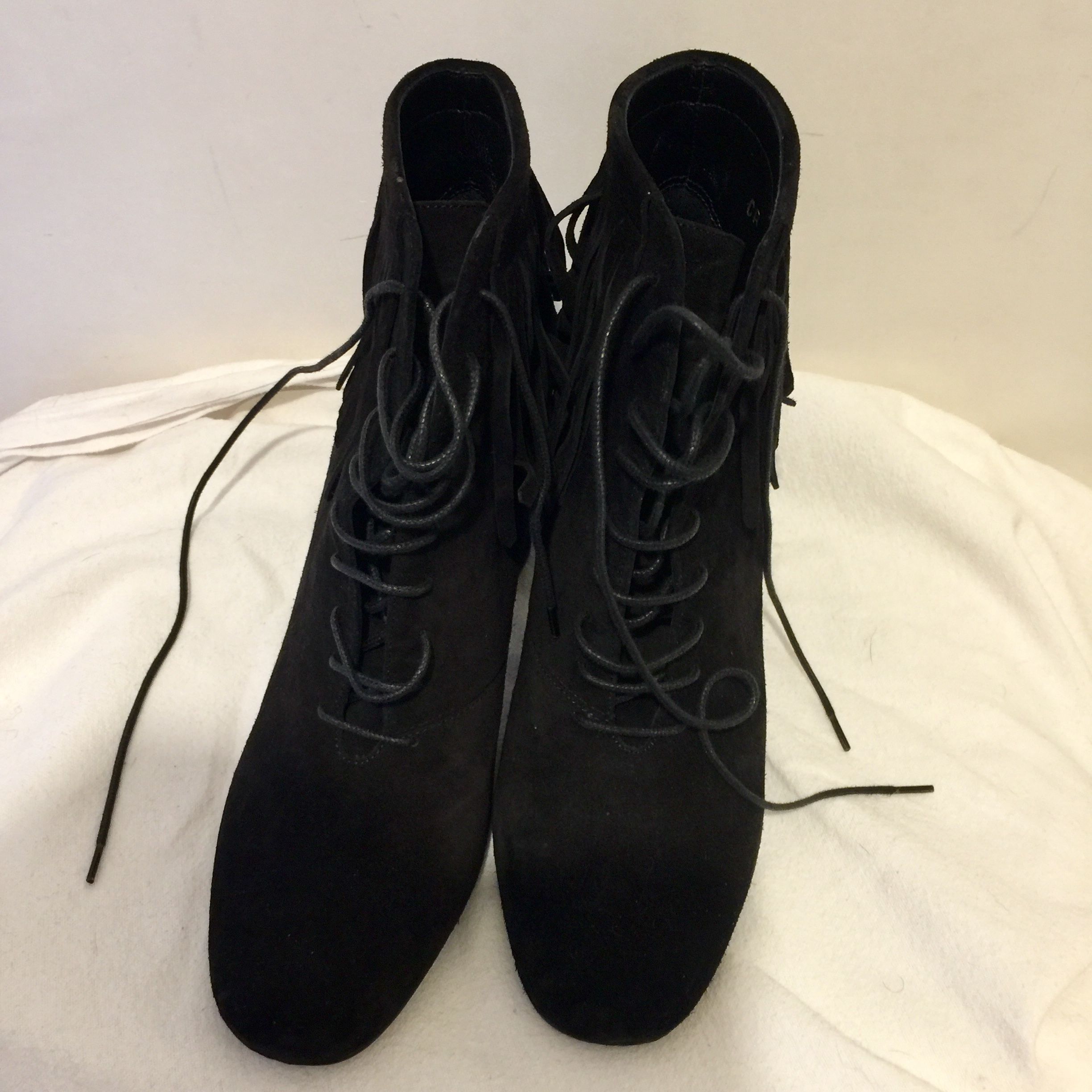 Preowned Saint Laurent Black suede fringed Babies 90 heeled booties Size 375