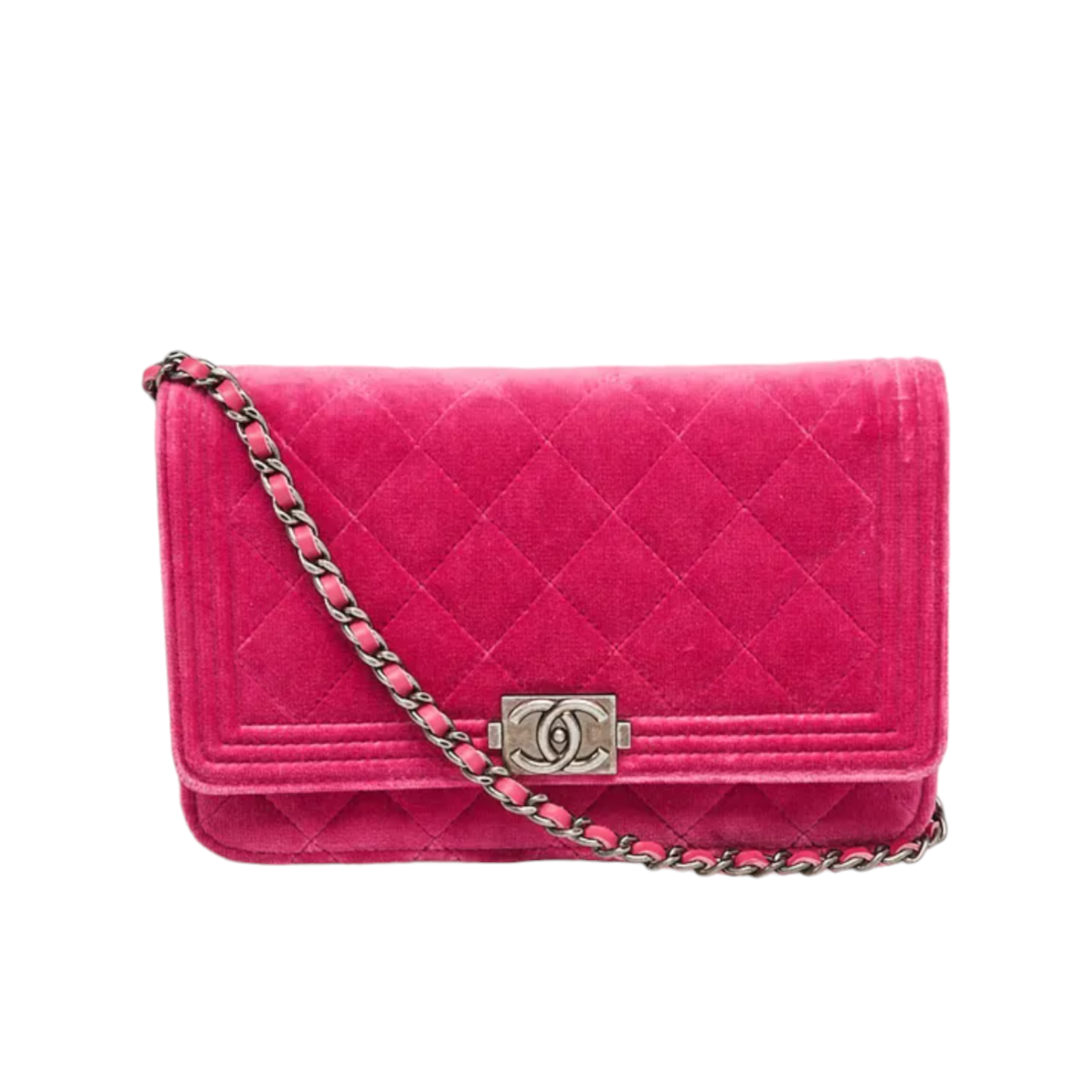 Preowned Chanel Pink Velvet Boy Wallet on Chain