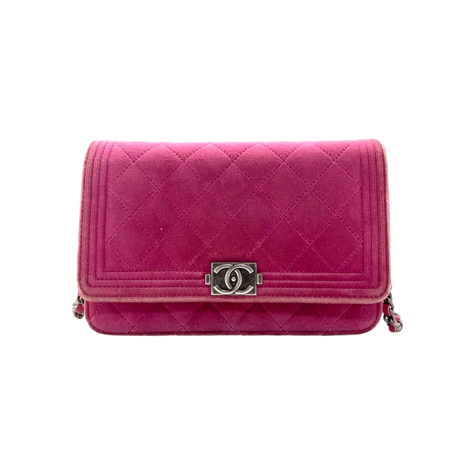 Preowned Chanel Pink Velvet Boy Wallet on Chain