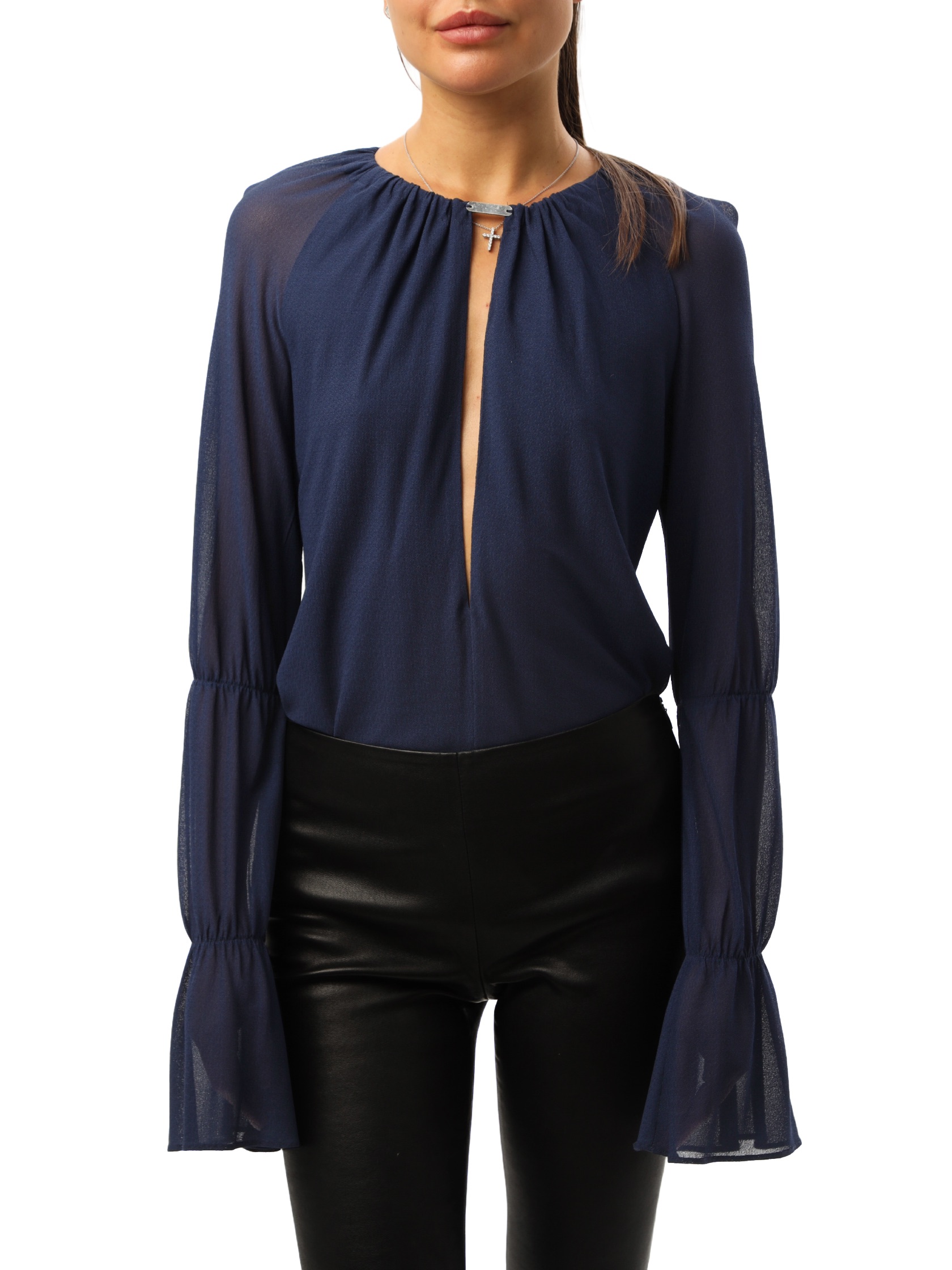 Preowned Jay Ahr Keyhole Blue Draped Blouse Size S viscose