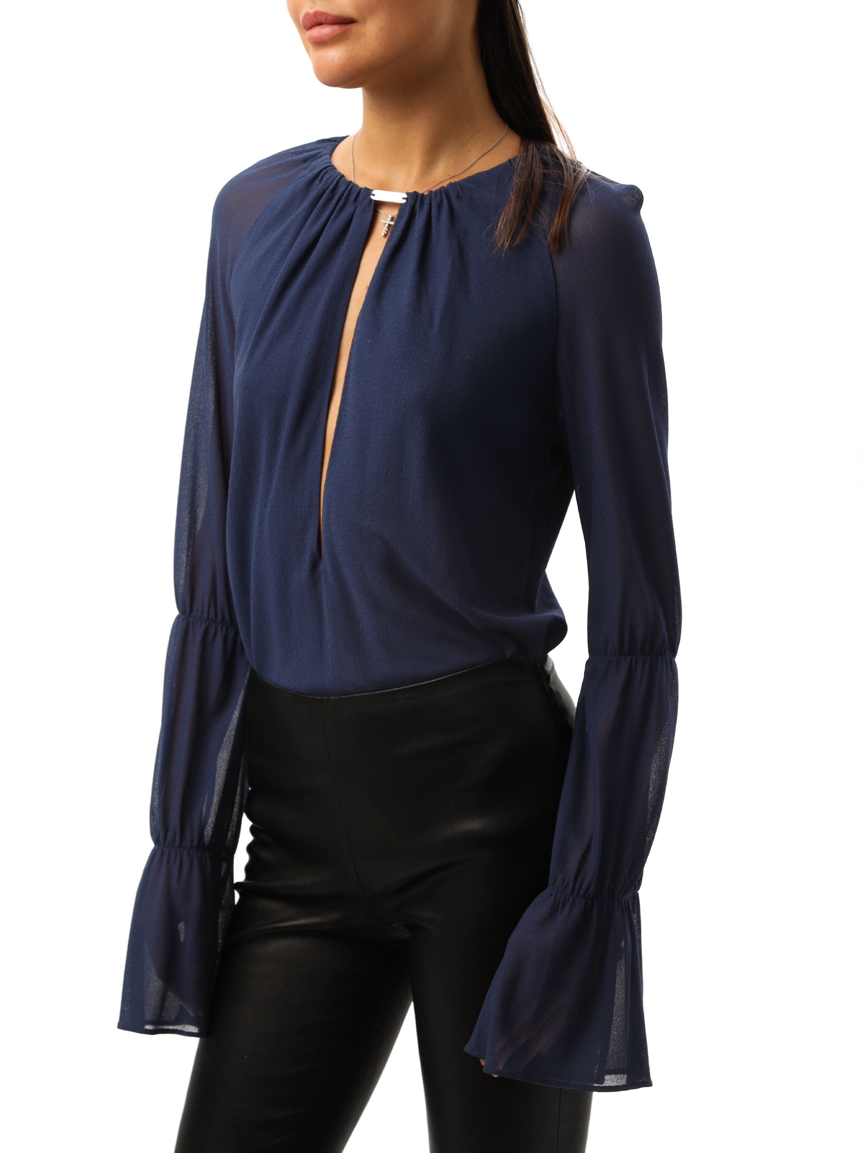 Preowned Jay Ahr Keyhole Blue Draped Blouse Size S viscose