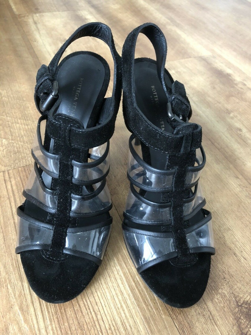 Preowned Bottega Veneta black leather transparent heeled sandals Size 36