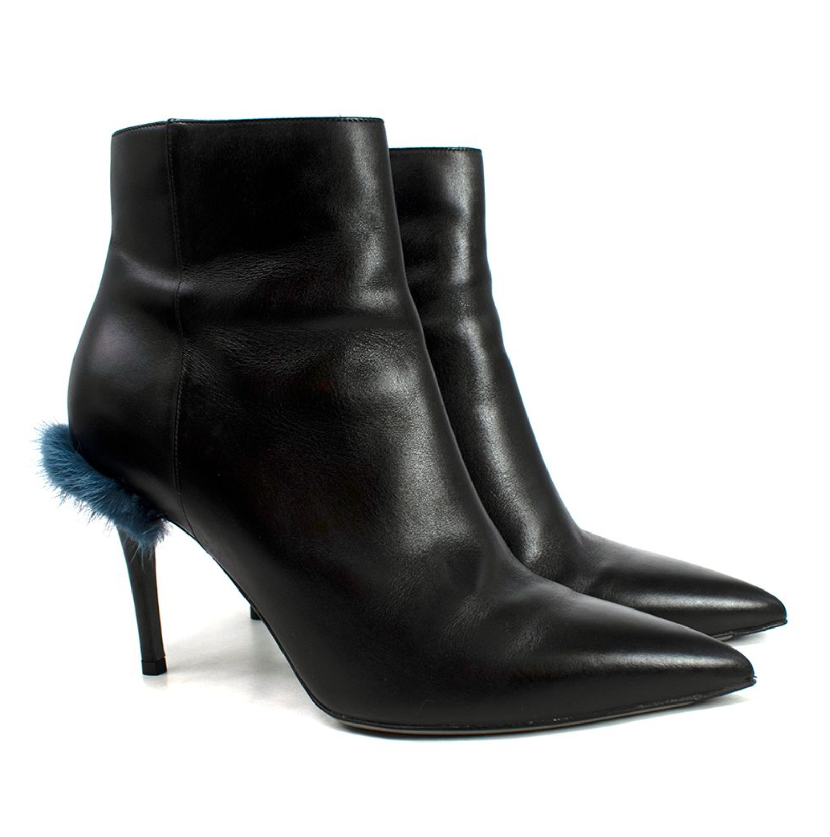 Preowned Fendi Furryous Fur-trimmed Black Leather Ankle Boots Size 40 black blue