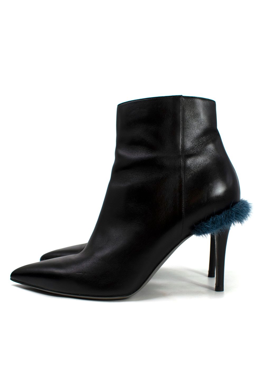 Preowned Fendi Furryous Fur-trimmed Black Leather Ankle Boots Size 40 black blue