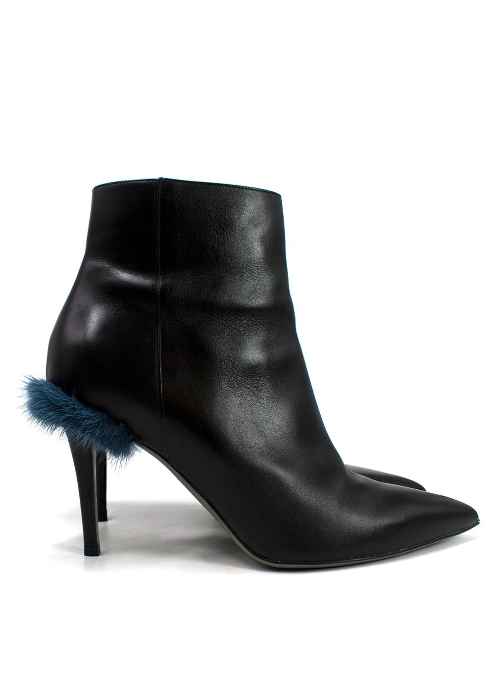 Preowned Fendi Furryous Fur-trimmed Black Leather Ankle Boots Size 40 black blue