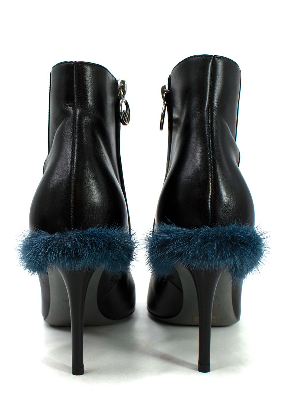 Preowned Fendi Furryous Fur-trimmed Black Leather Ankle Boots Size 40 black blue