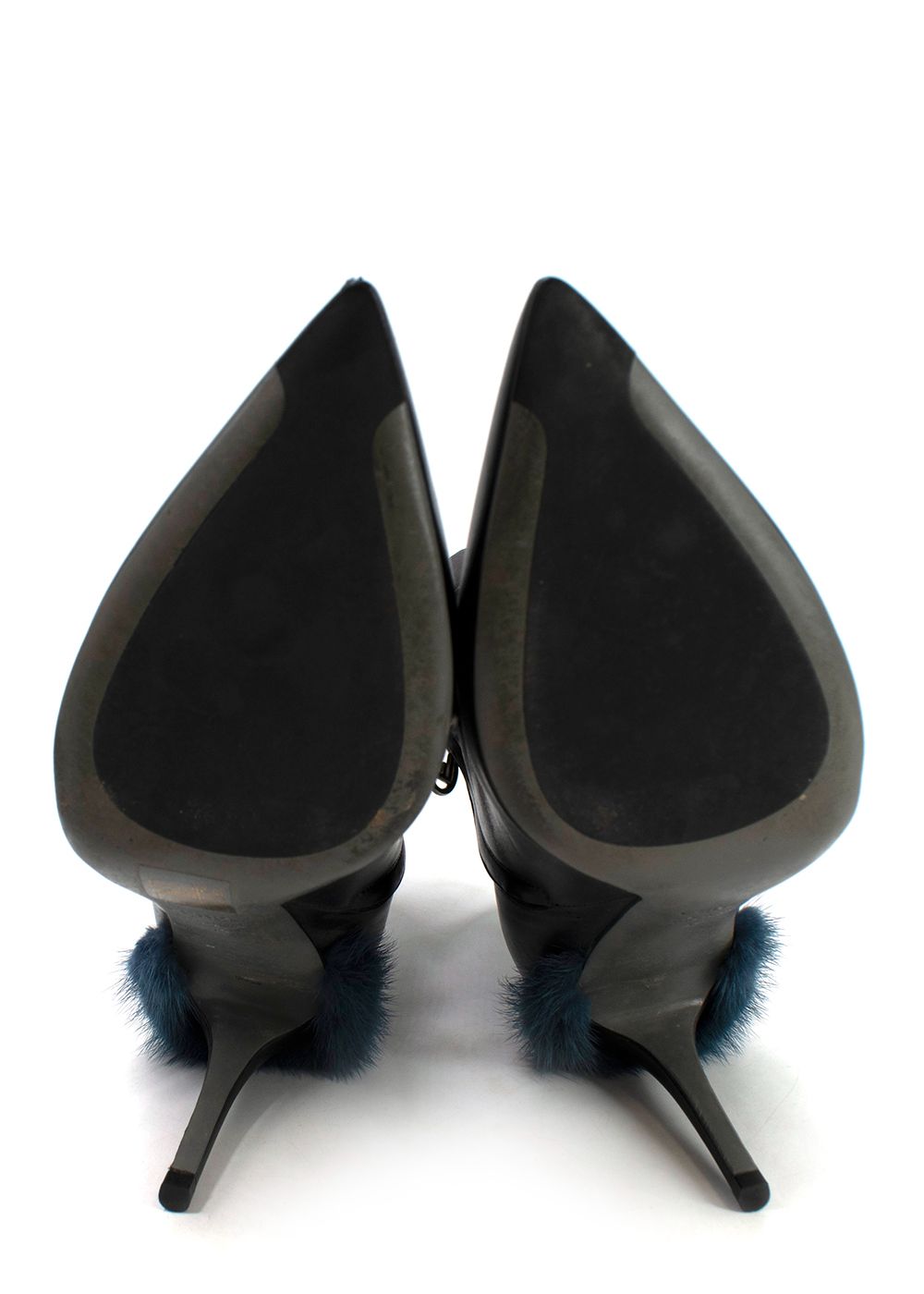 Preowned Fendi Furryous Fur-trimmed Black Leather Ankle Boots Size 40 black blue