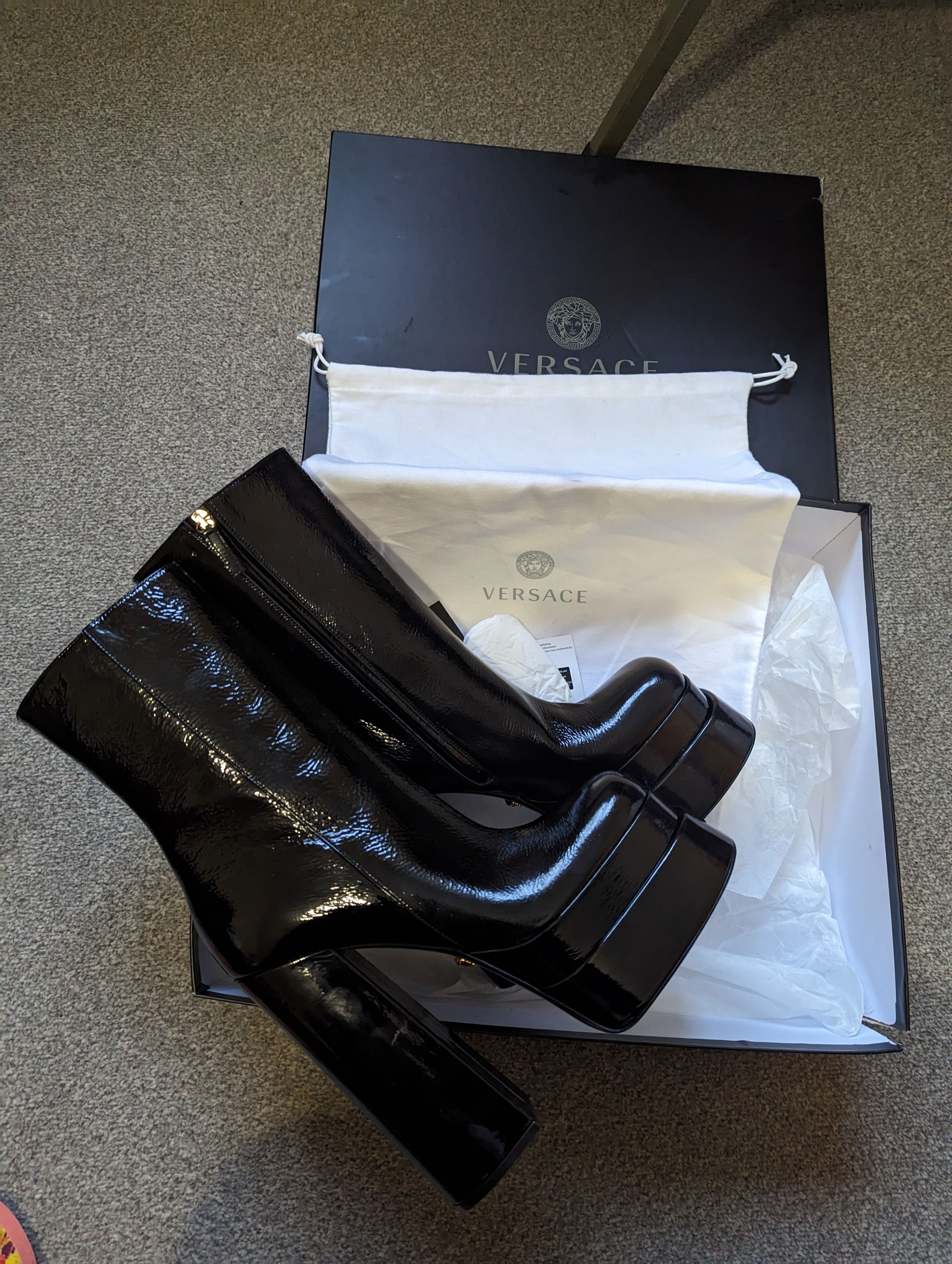 Versace Black Patent Aevitas Platform Boots Size 41 leather