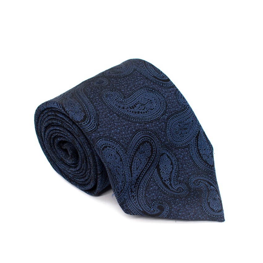 Canali Navy Blue  Black Silk Paisley Print Tie