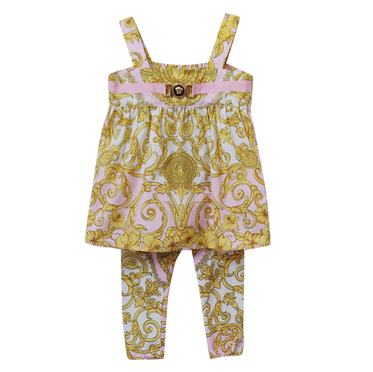 Boys Young Versace Kids 24M Medusa Pink  Gold Top  Trousers Size 18-24 Months Yellow cotton