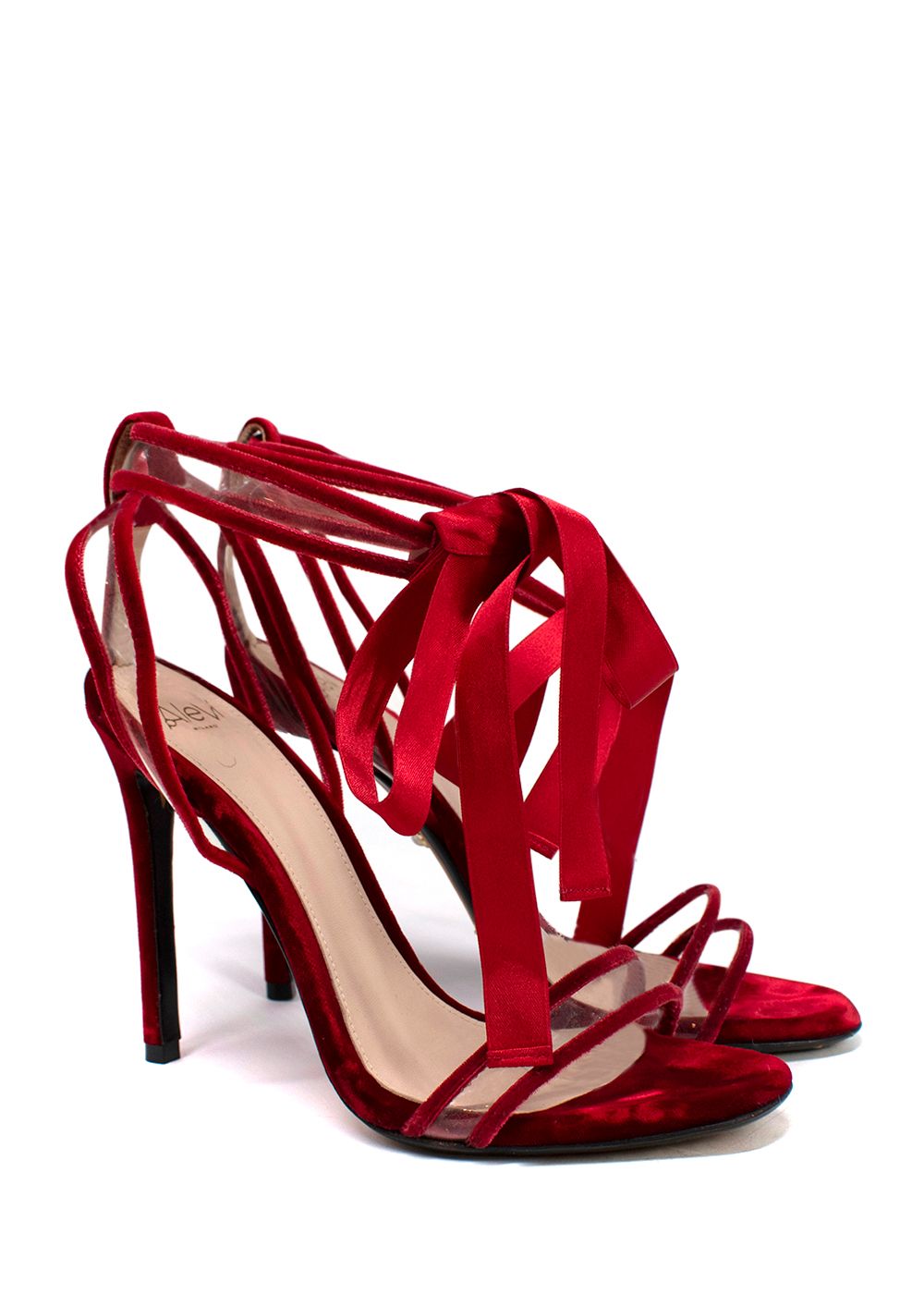 Preowned Alevi Red Velvet Lace Up Stiletto Sandals Size 375