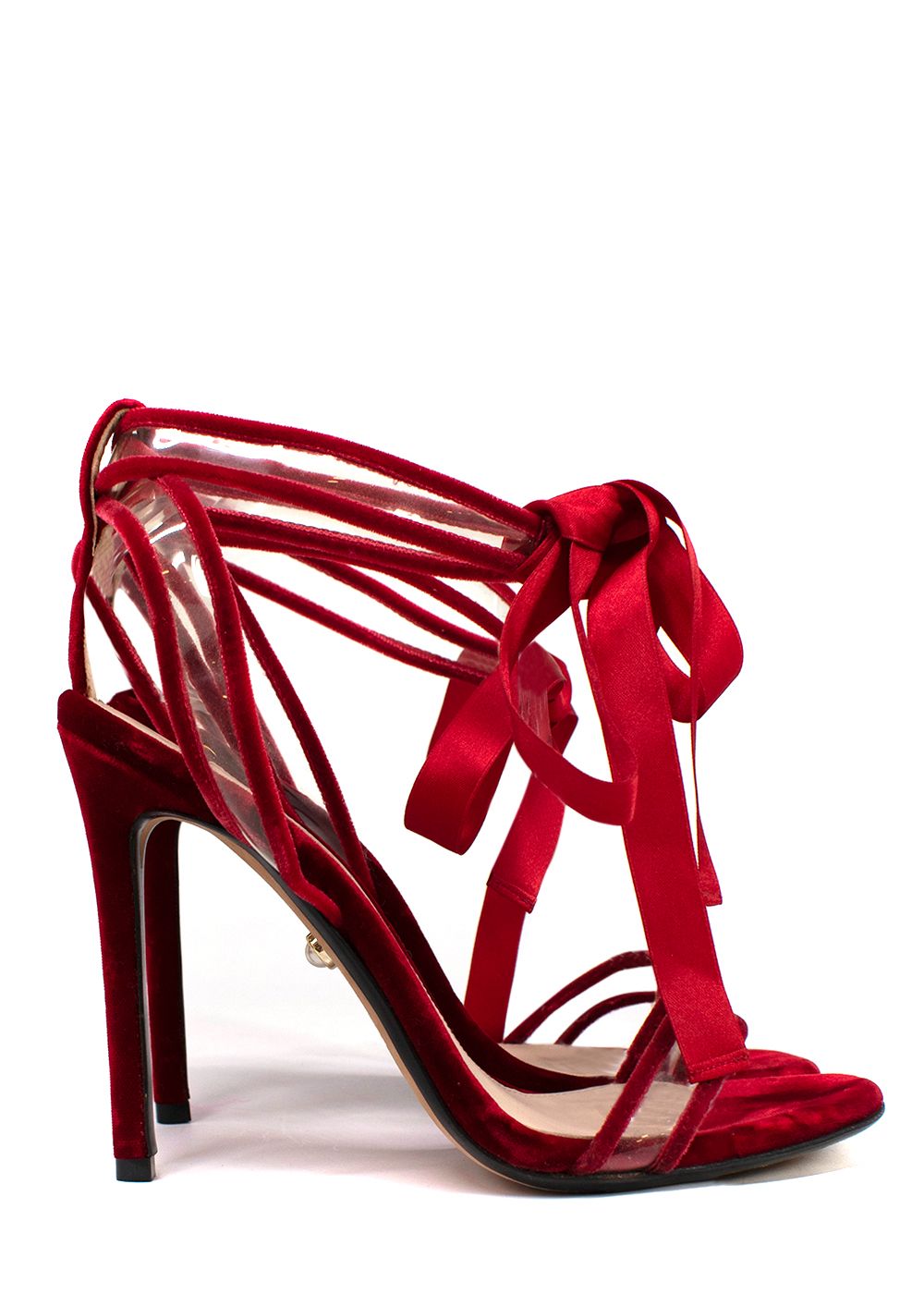 Preowned Alevi Red Velvet Lace Up Stiletto Sandals Size 375