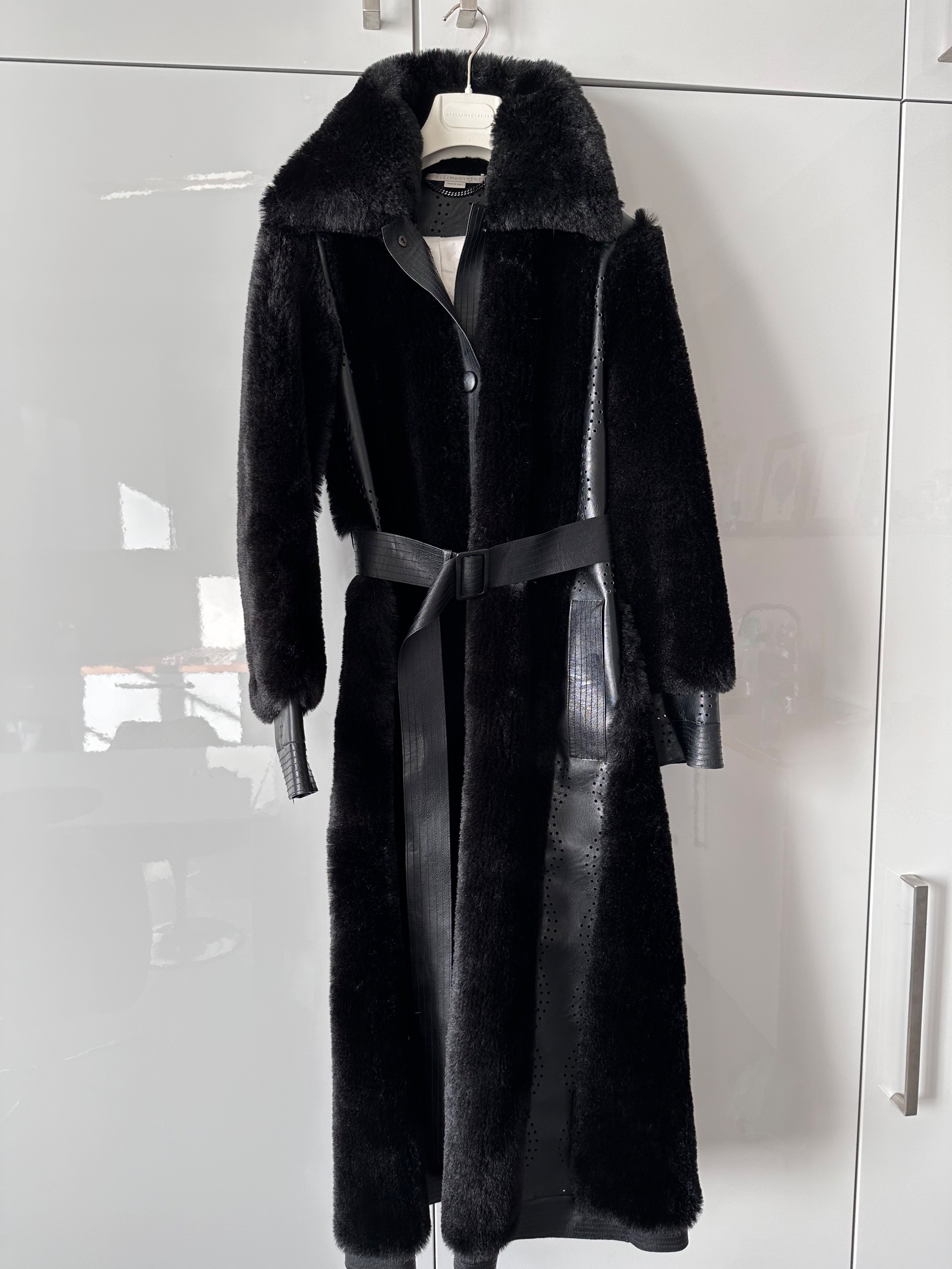 Preowned Stella McCartney Faux fur and Vegan Leather Longline Coat Size S Black vegan faux fur/leather