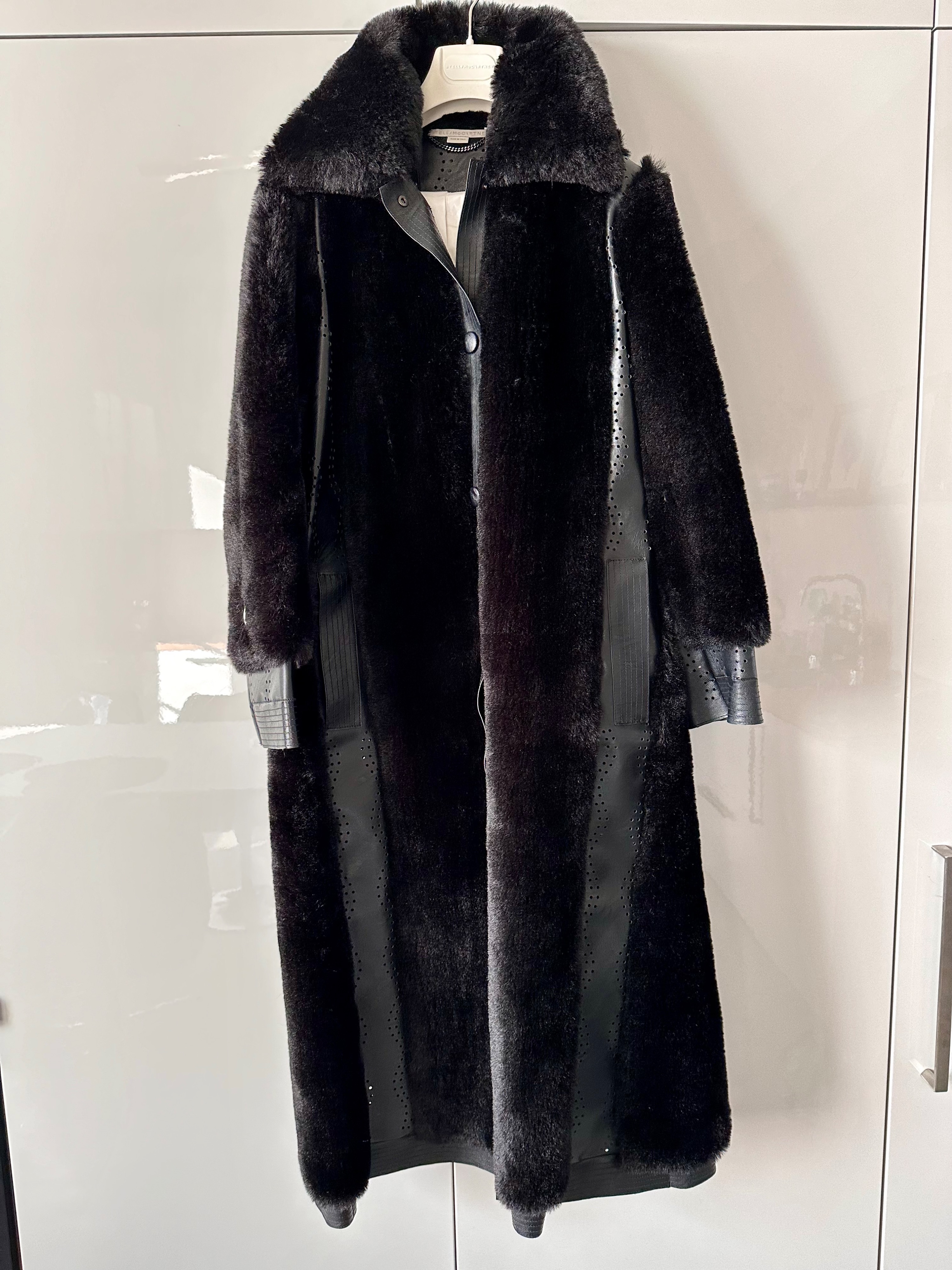 Preowned Stella McCartney Faux fur and Vegan Leather Longline Coat Size S Black vegan faux fur/leather