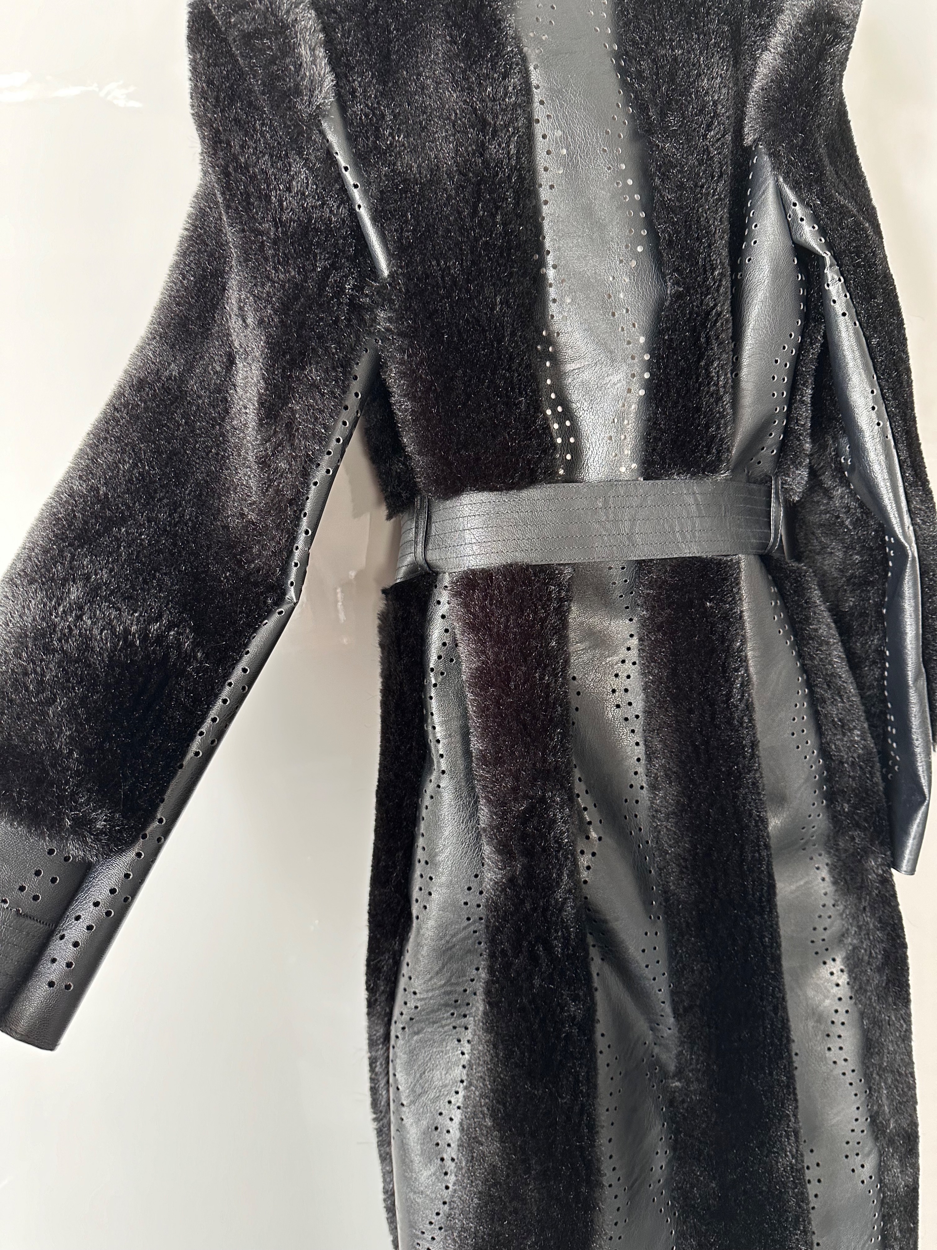 Preowned Stella McCartney Faux fur and Vegan Leather Longline Coat Size S Black vegan faux fur/leather