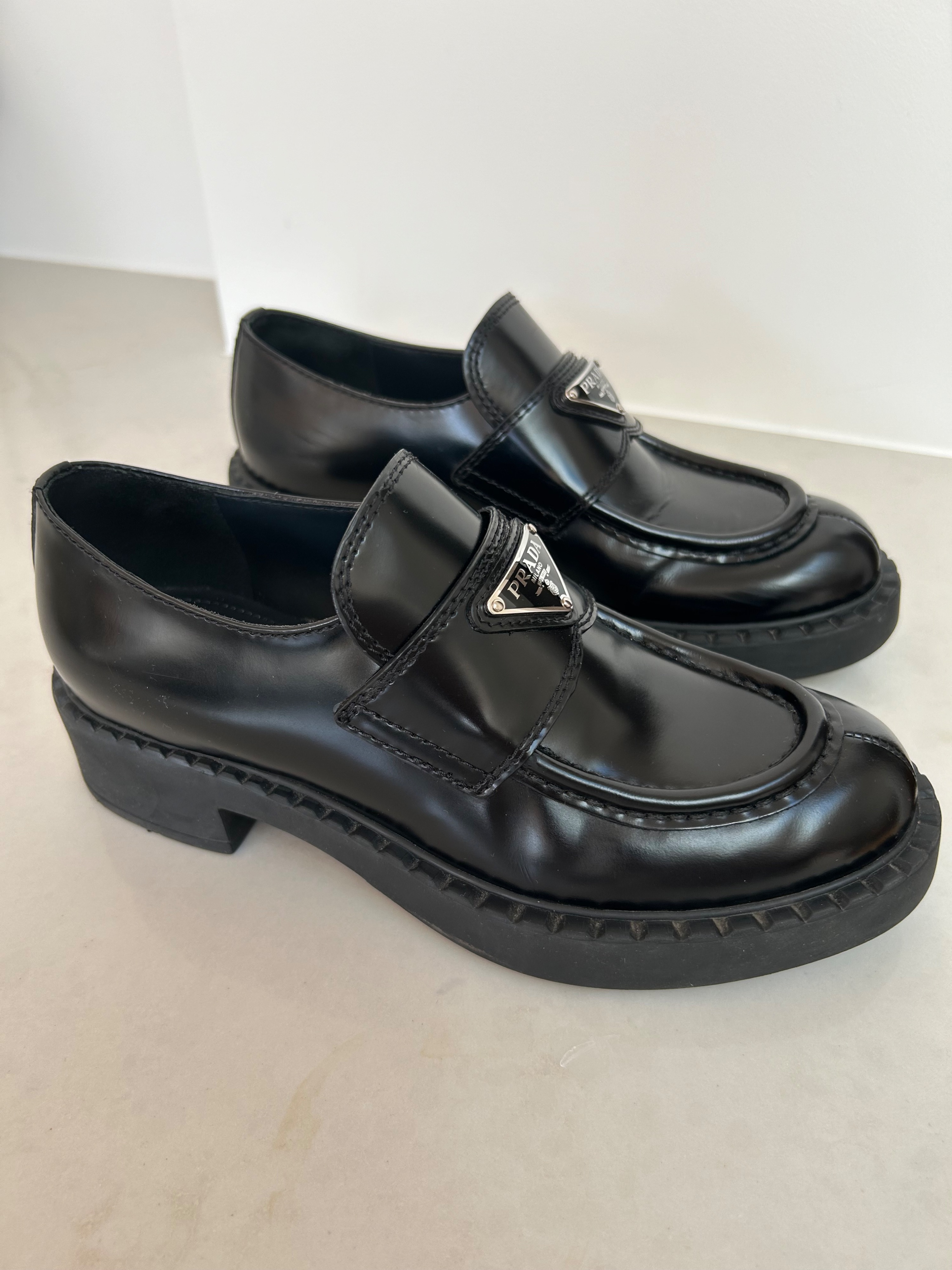 Preowned Prada Black Chocolate Bar Loafers Size 36 leather