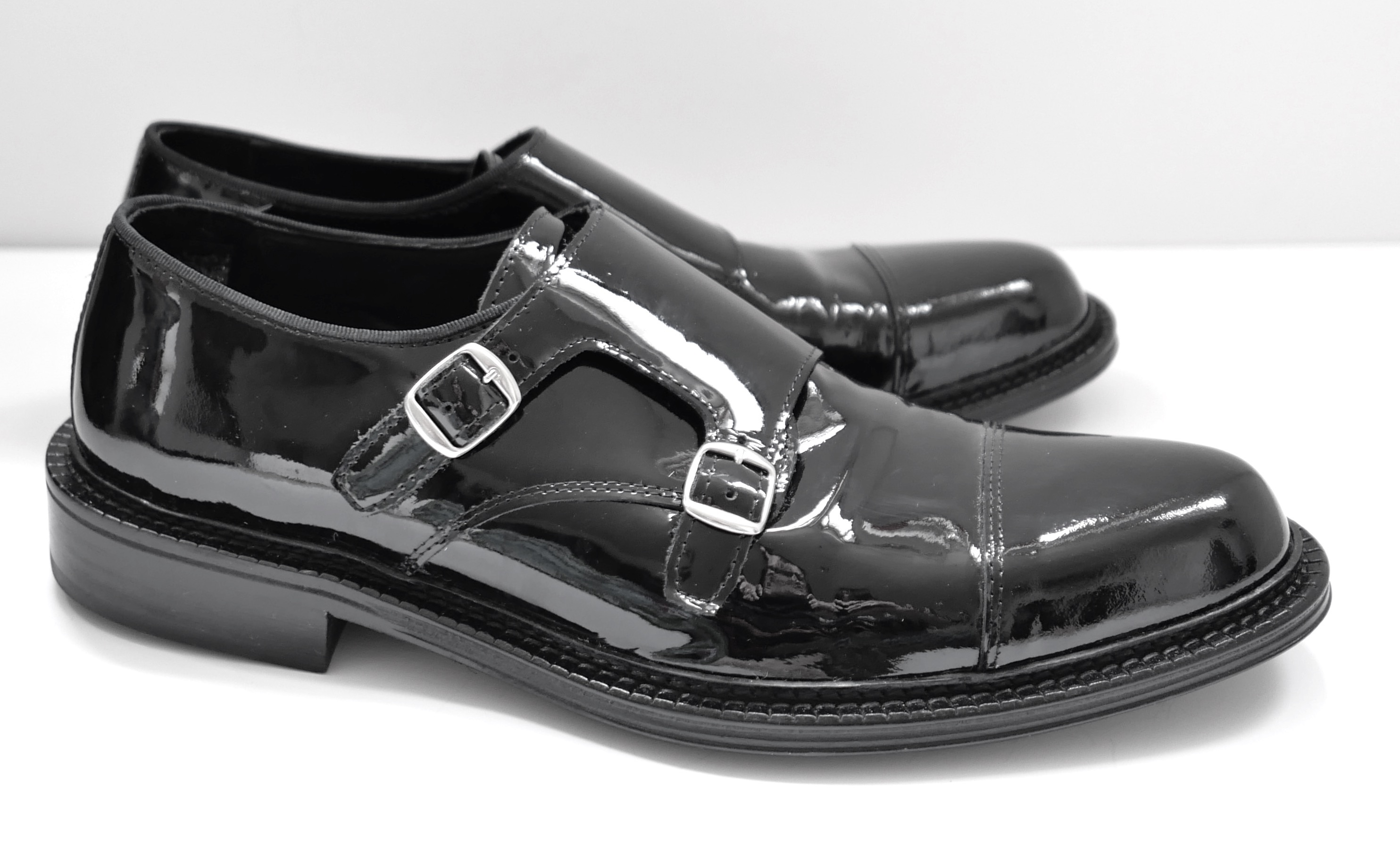 Men's Preowned Mr Porter Black Patent Leather Monk Strap Brogues Size 46