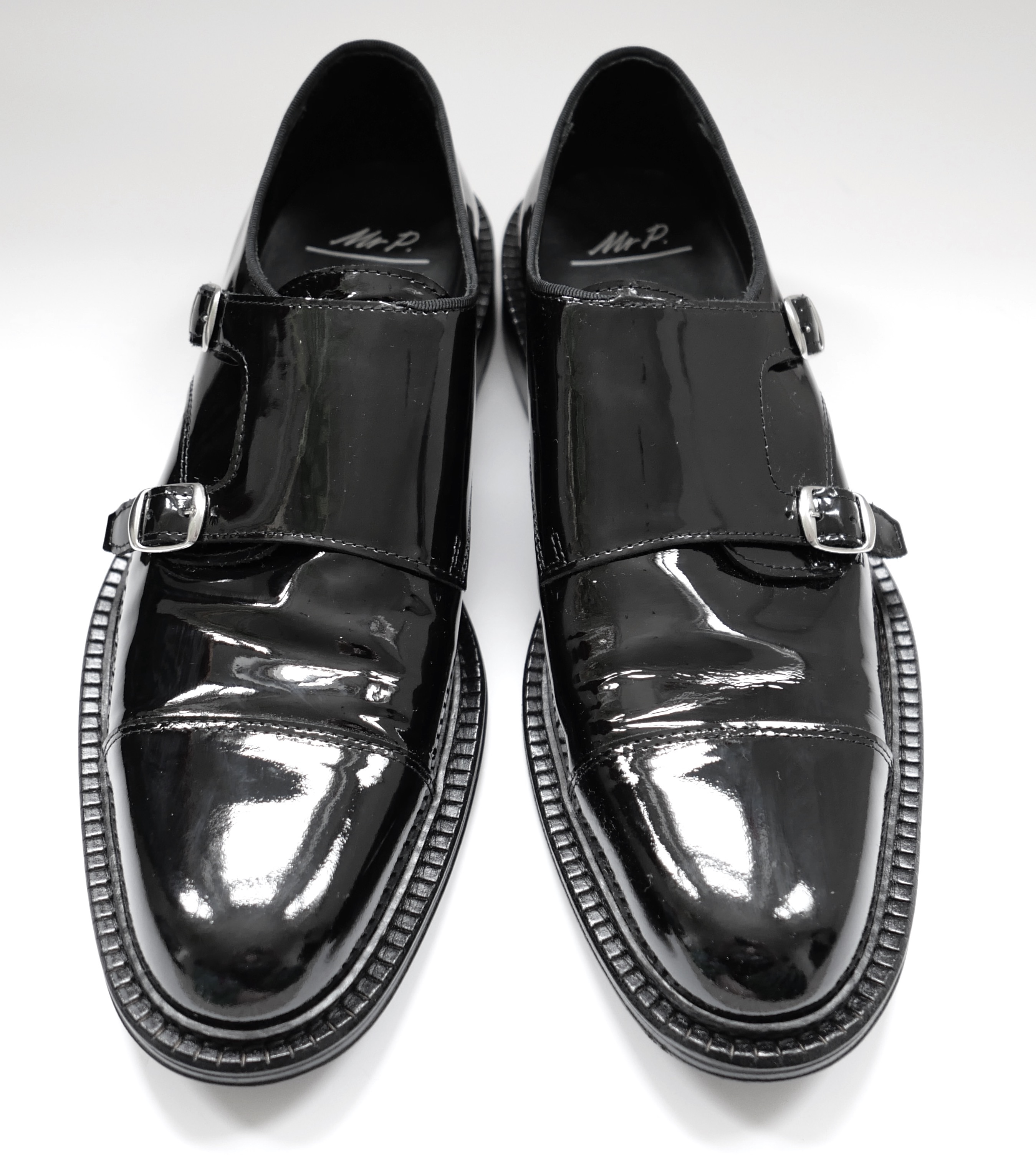 Men's Preowned Mr Porter Black Patent Leather Monk Strap Brogues Size 46