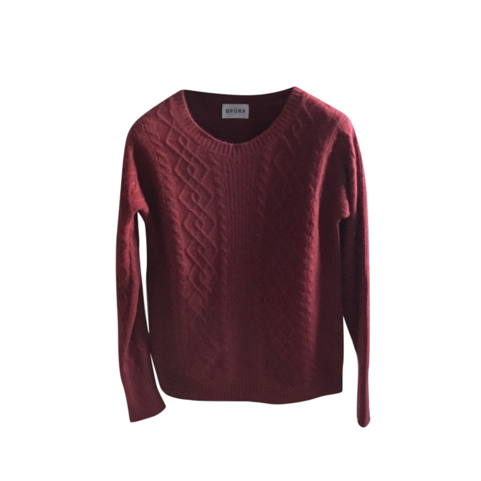 Preowned Brora Burgundy Cable Knit Cashmere Jumper Size S Red