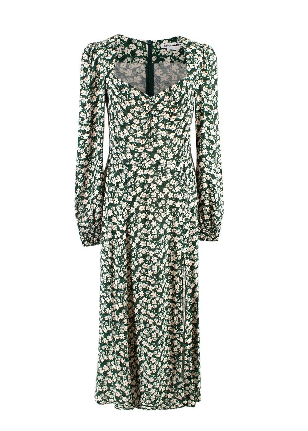 Reformation Green Floral Long Sleeve Midi Dress Size S White, Green viscose