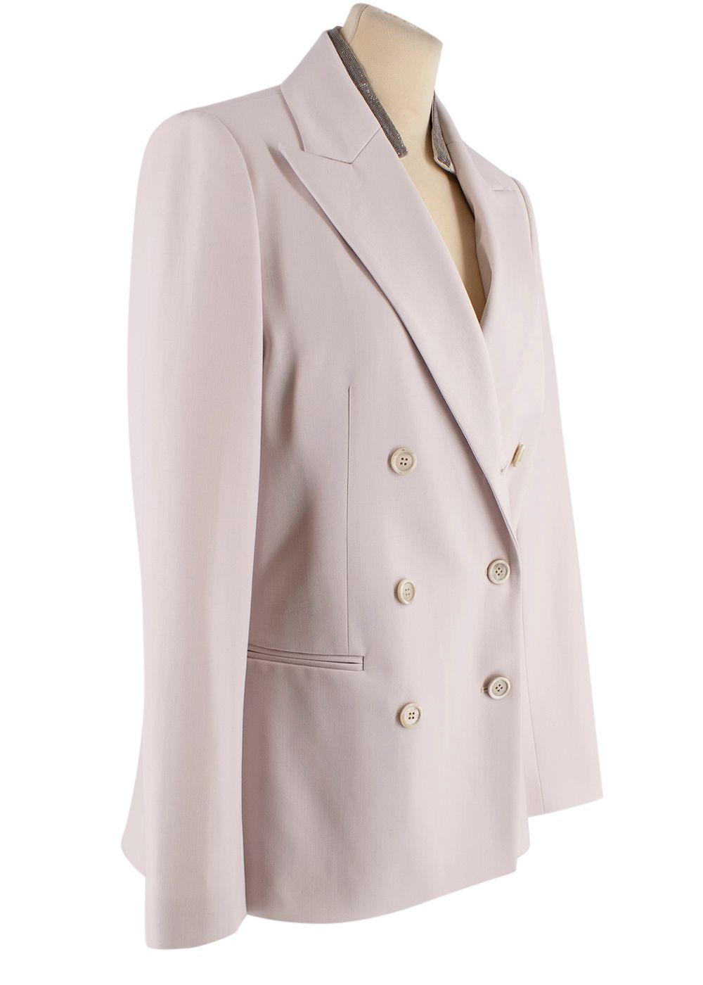 Brunello Cucinelli Bead Embellished Double Breasted Wool Blend Blazer Size XS Pale Pink wool/polyamide