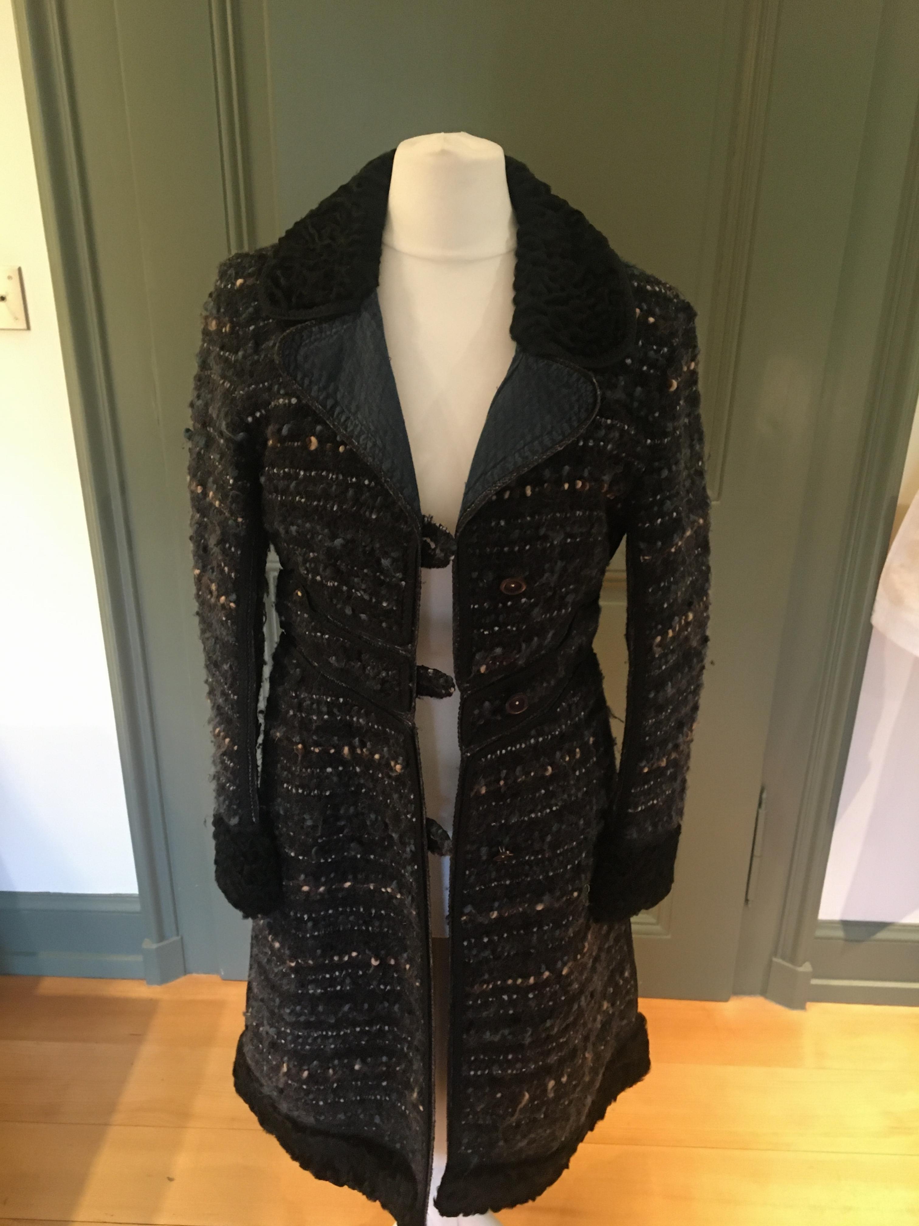 Preowned Ermanno Scervino astrakan trim tweed coat Size XS Black