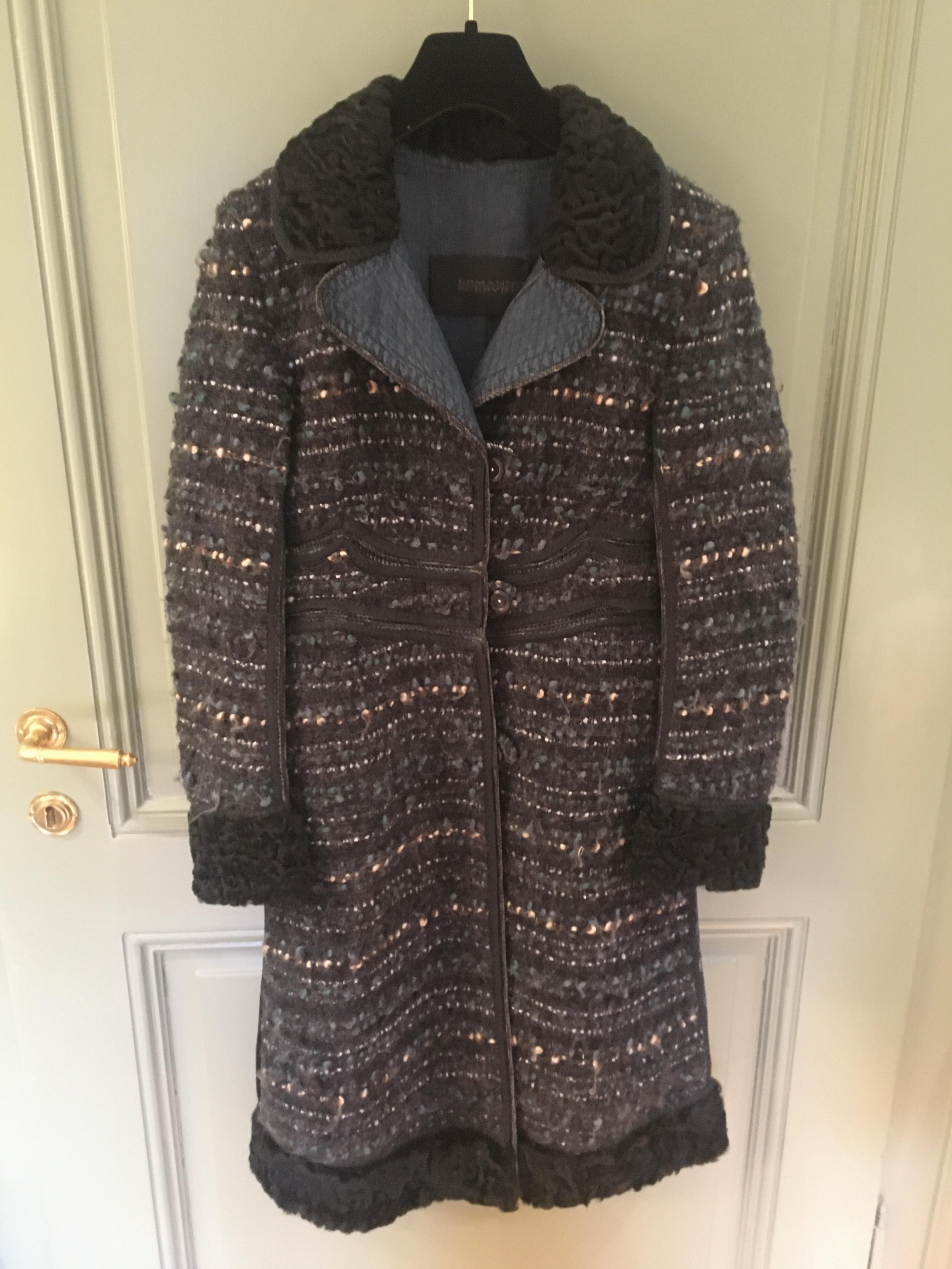 Preowned Ermanno Scervino astrakan trim tweed coat Size XS Black