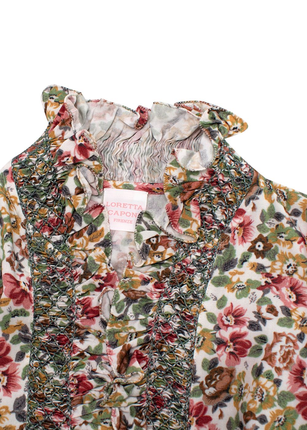 Loretta Caponi Floral High Neck Donatella Blouse Size L green red yellow ivory viscose