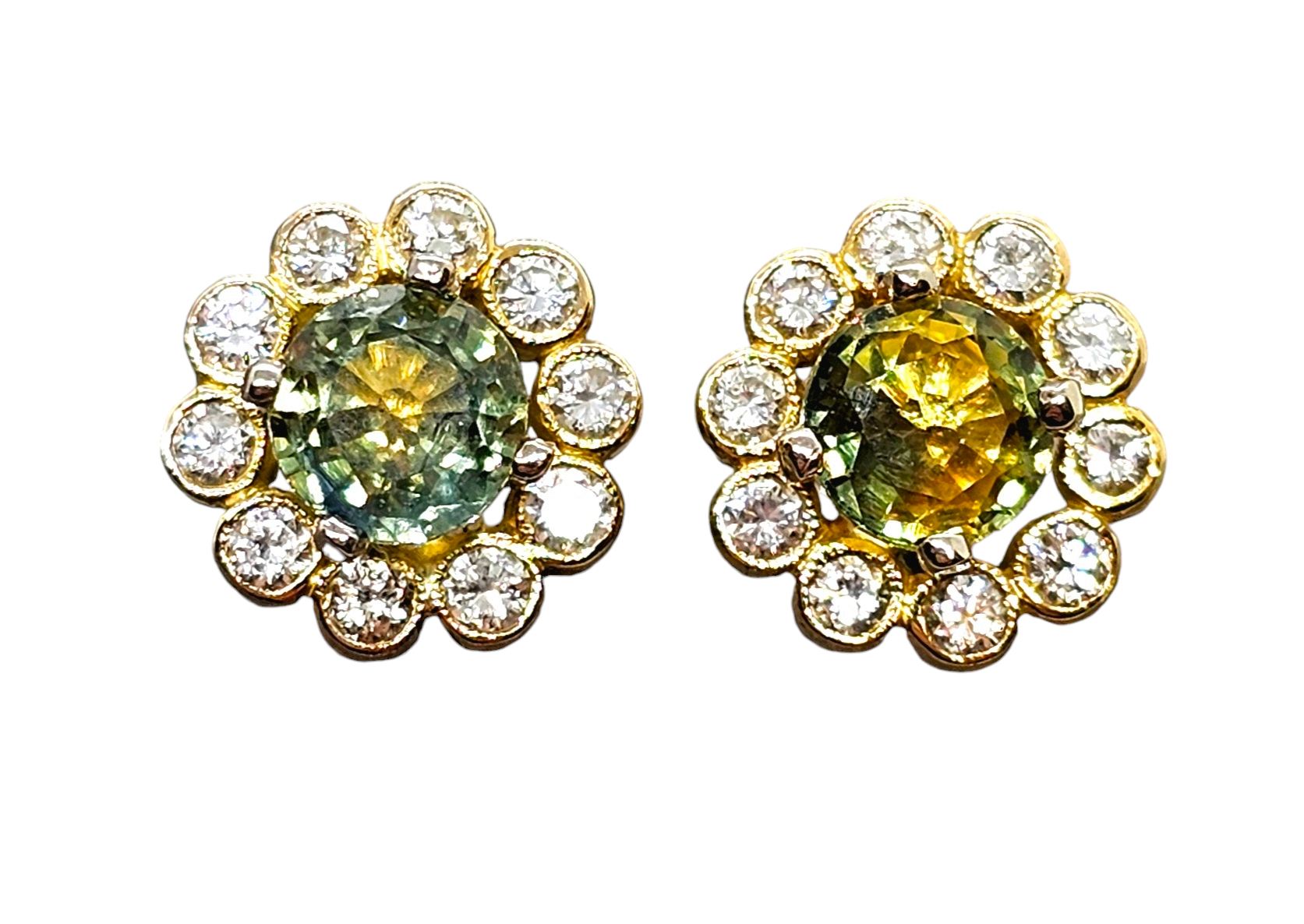 Preowned Bespoke Green Parti Sapphire and Diamond Cluster Earrings Yellow gold ct gold